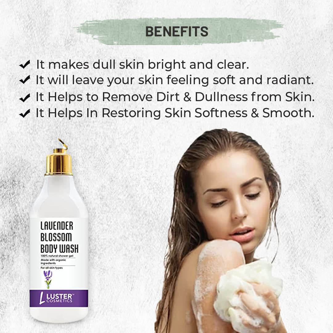 Luster Cosmetics Lavender Blossom Body Wash & Shower Gel - 100% Natural, Paraben-Free, Calming & Hydrating for Dry Skin - 300ml | Relaxing Aromatherapy for Stress Relief & Better Sleep