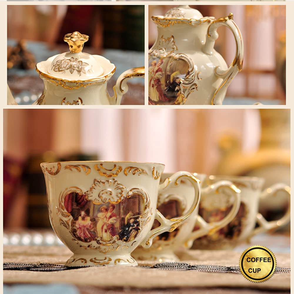8-Piece Porcelain Coffee and Tea Gift Set with 6 Cups, Teapot, Serving Tray & Espresso Cups - European Classic Gold Trim Design - Elegant Tea Party Set for Home, Office or Gifting