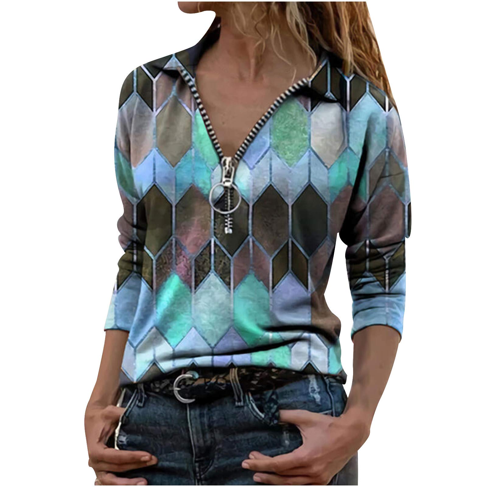 2022 Women's Long Sleeve Geometric Print Tie-Dye T-Shirts | Sexy Summer Hawaiian Tops & Tunics | Plus Size Casual Wear for Beach, Party & Vacation