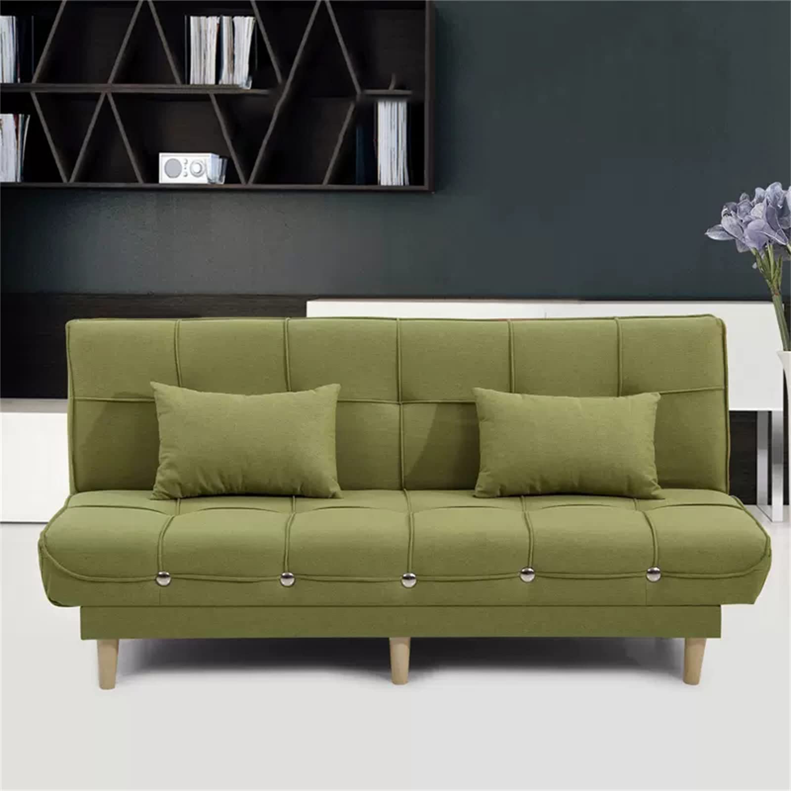 Convertible Fabric Sofa Bed - Sleeper Reclining Sofa with Adjustable Backrest & Pillow - Folding Sofa Bed for Living Room, Bedroom, Guest Room - Army Green (150 × 51 × 76cm) - Perfect for Small Spaces, Apartments & Overnight Guests