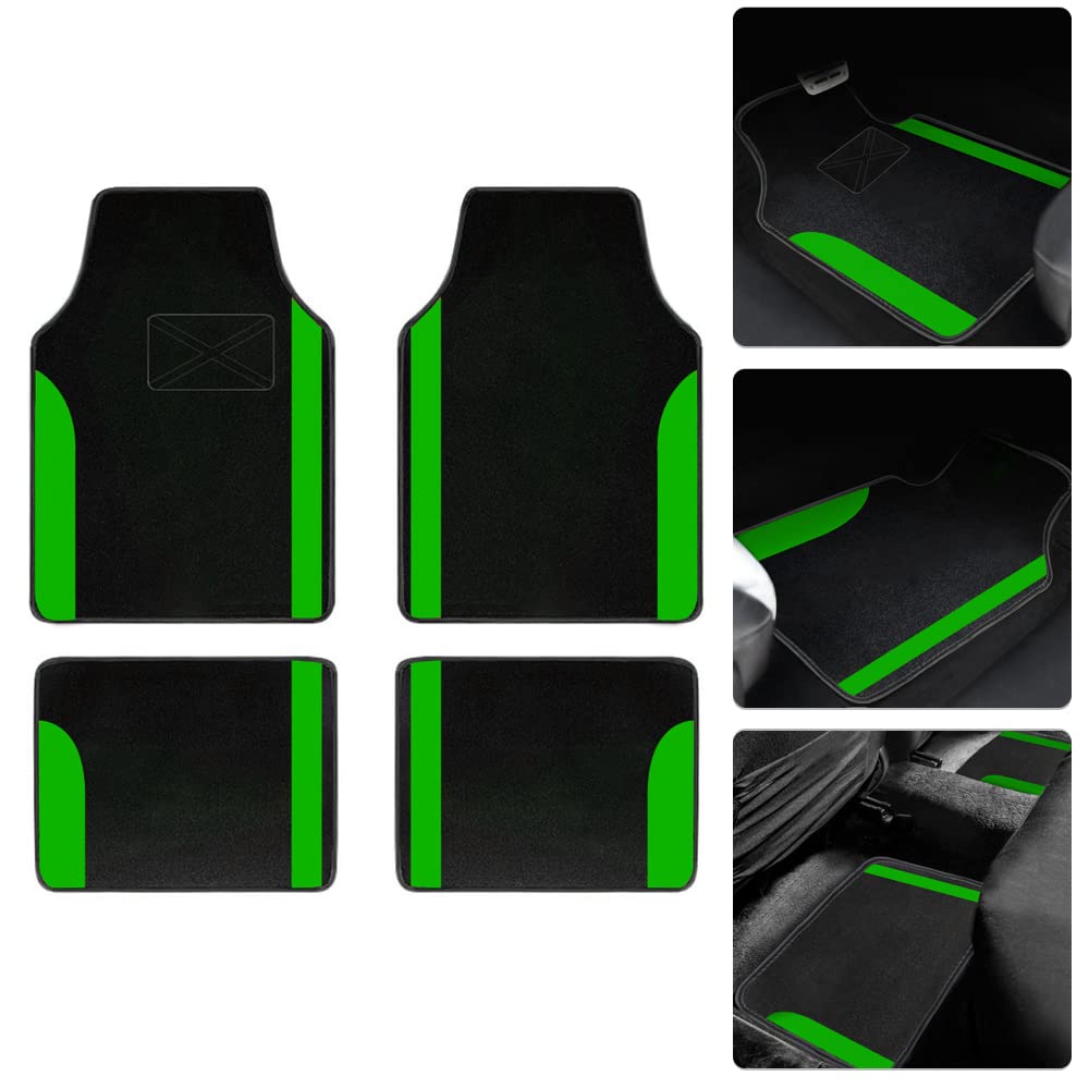 Premium Universal Car Carpet Floor Mats - 4-Piece Set for SUVs, Trucks, Sedans & Vans | All-Weather Protection (Black with Green Trim) | Perfect for Daily Commutes, Road Trips & Family Adventures