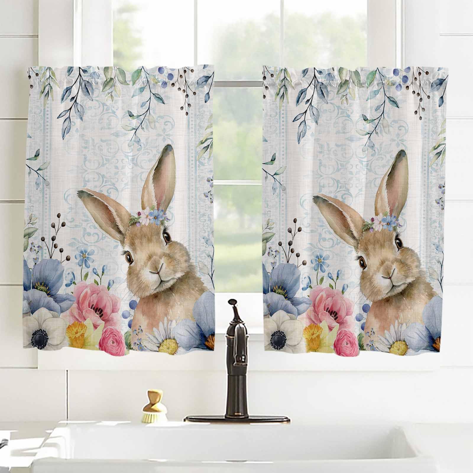 Easter Bunny Spring Floral Window Curtains - 2 Panels Semi Sheer Tier Curtains 27.5