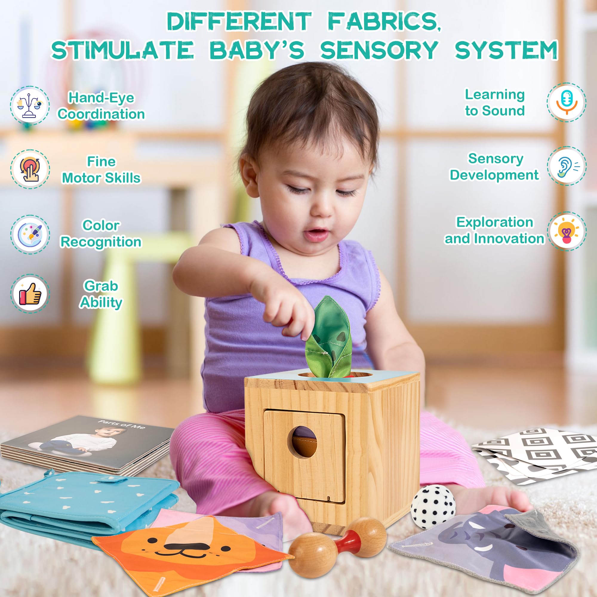 Montessori Toys for Babies 0-6 Months | 8-in-1 Educational Sensory Toy Set for Newborns 0-3-6 Months | Includes Tissue Box, High Contrast Toys, Spinning Drum, Teether | Perfect for Early Learning & Playtime at Home or On-the-Go