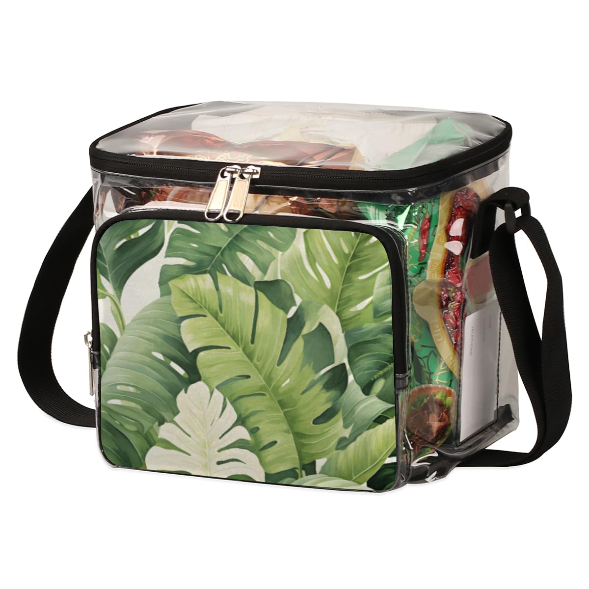 GzLeyigou Summer Clear Tote Bag with Handles - Green Tropical Leaf Pattern Transparent Crossbody Shoulder Bag for Lunch, Beach, Travel, Picnic, Concerts & Sports Events | Stadium Approved | Perfect for Outdoor Activities, Shopping & Summer Vacations