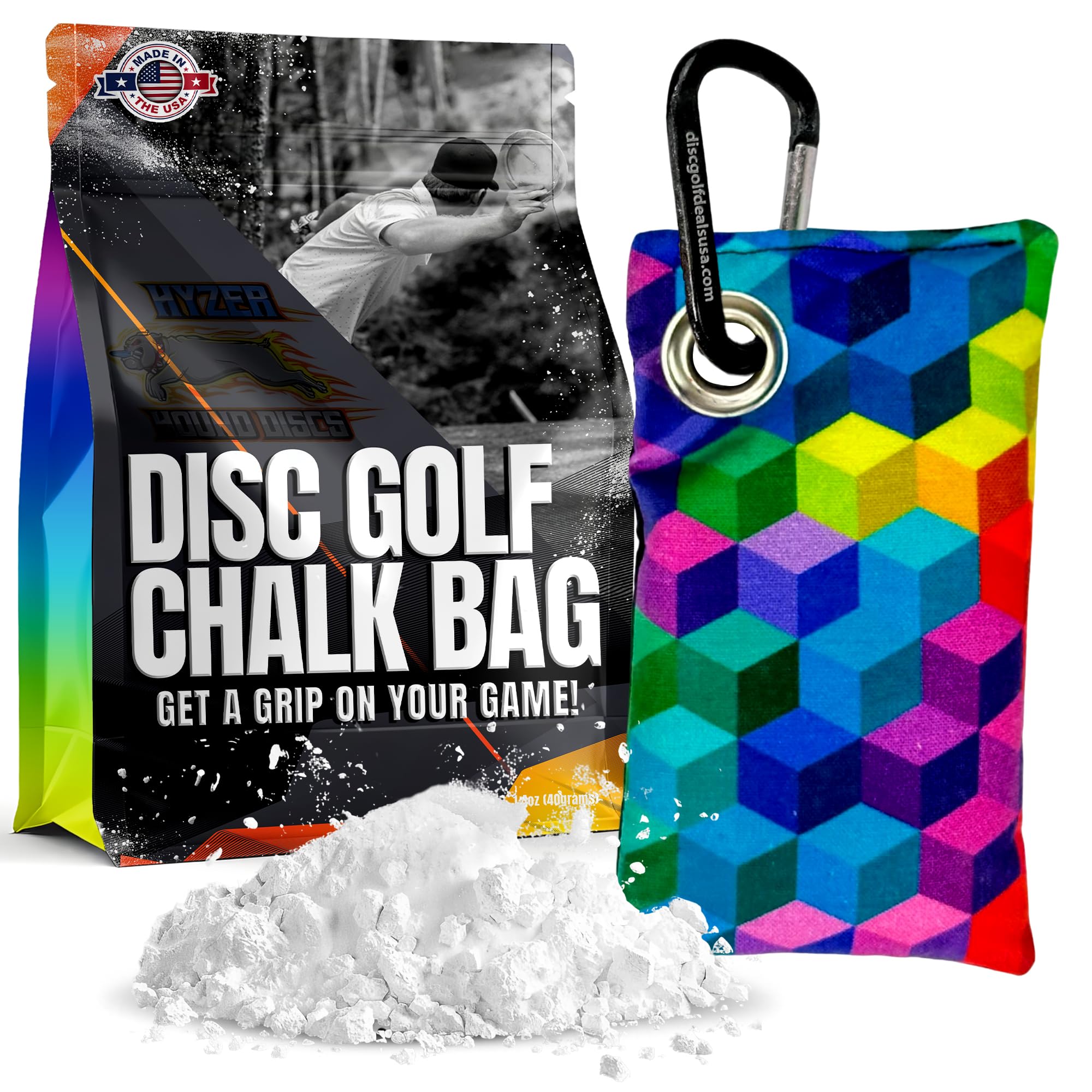 HYZER HOUND DISCS Disc Golf Chalk Bag - Moisture Absorbing Hand Grip Enhancer for Summer Play | Durable & Portable with Carabiner Clip | Essential Disc Golf Accessory for Better Throws | Perfect for Hot Weather, Tournaments & Practice Sessions
