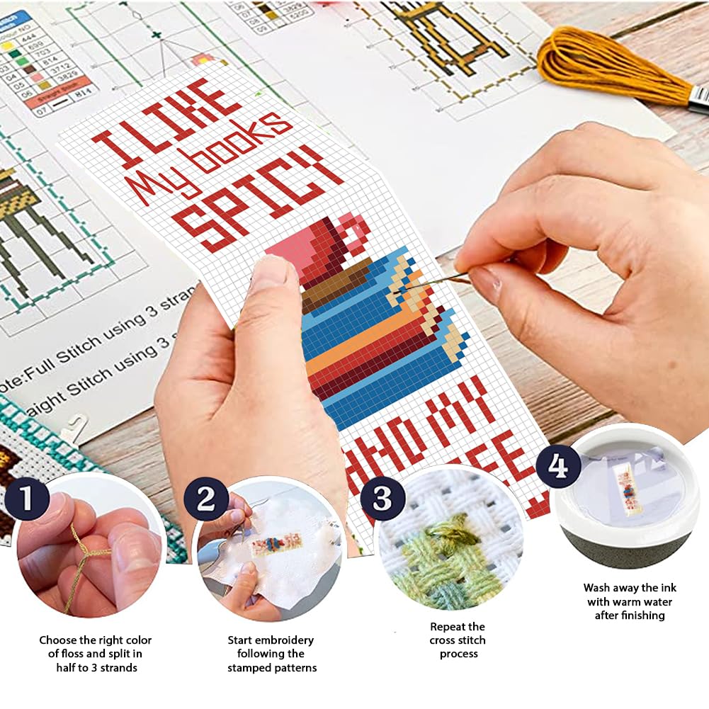 FREEBLOSS 6-Piece Cross Stitch Bookmark Kit - DIY Embroidery Kit with Coffee & Books Patterns, Stamped Design, Instructions - Perfect Gift for Adults (8.67''x3'') - Great for Book Lovers, Coffee Enthusiasts & Handmade Craft Gifts