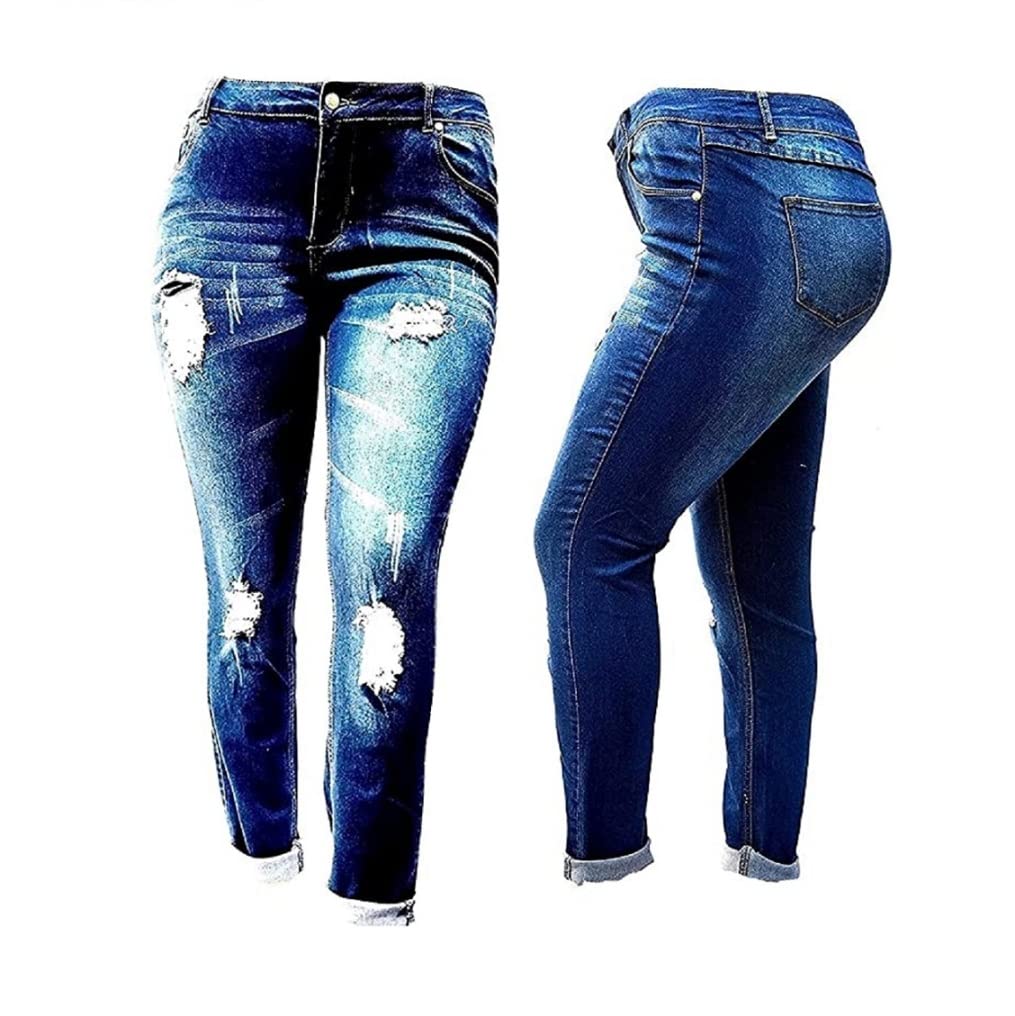 Jack David Women's Plus Size Ripped Destroyed Blue Denim Roll-Up Distressed Jeans - Trendy Casual Pants for Everyday Wear, Street Style & Outfit Pairing