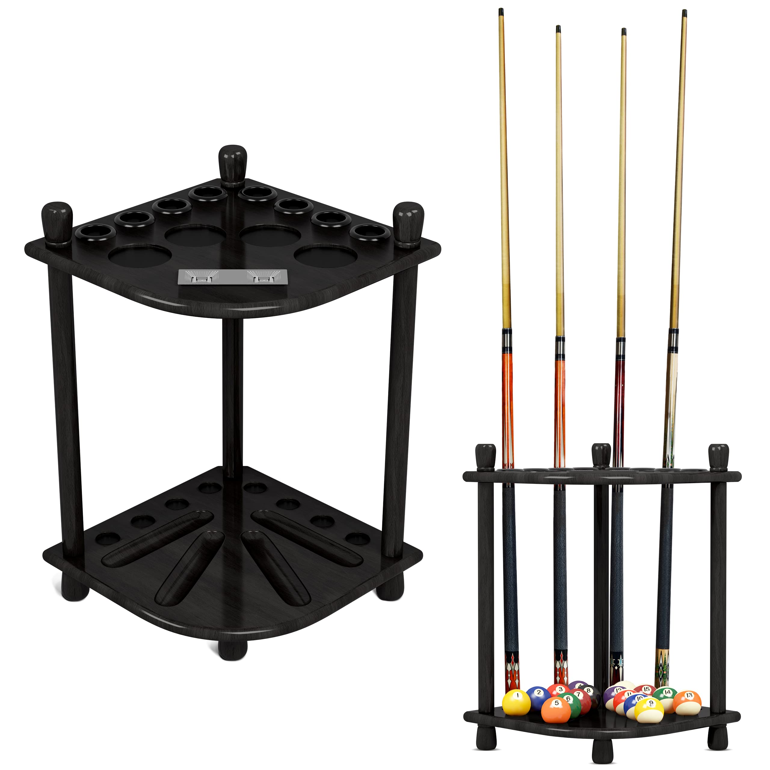 ISZY Billiards Pool Stick Holder - 8 Cue Rack Wood Stand with Ball Storage & 4 Score Counters - Black Pool Table Accessories for Game Room, Bar, or Home Billiards Setup