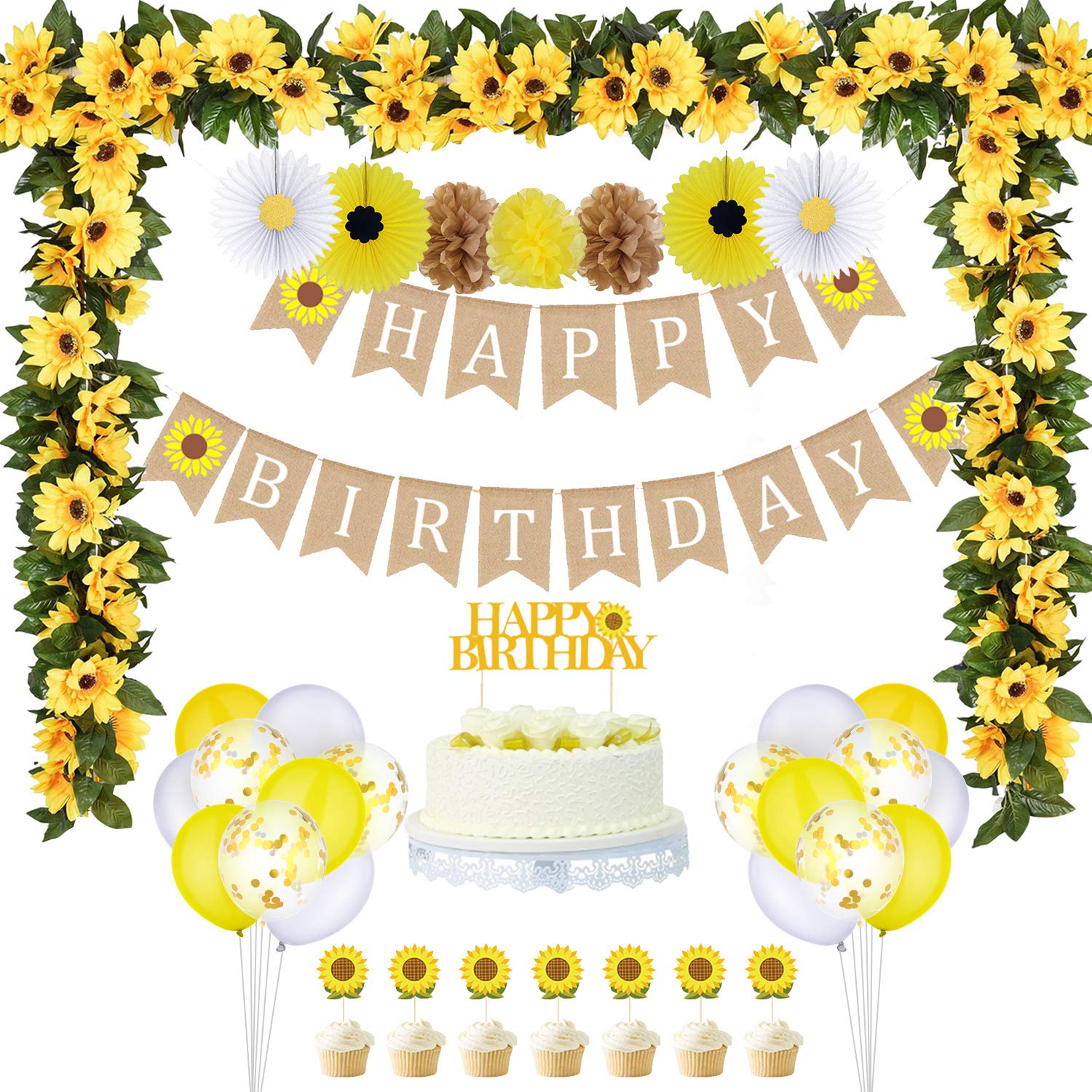 33-Piece Sunflower Party Decorations Set - Happy Birthday Banner, Cake Topper, Cupcake Toppers, Garland, Tissue Fans, Paper Pom Poms & Balloons for Sunflower-Themed Birthday Parties & Baby Showers
