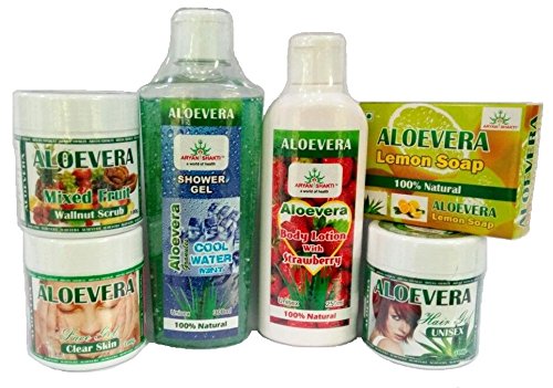 AryanShakti Skincare Set - Walnut Scrub, Aloe Vera Face Gel (100ml), Cooling Mint Shower Gel (300ml), Strawberry Sunburn Lotion (250ml), Aloe Hair Gel (100ml), Lemon Soap (75g) - Natural Skincare for All Skin Types | Daily Moisturizing, Sun Protection & Hair Care Routine
