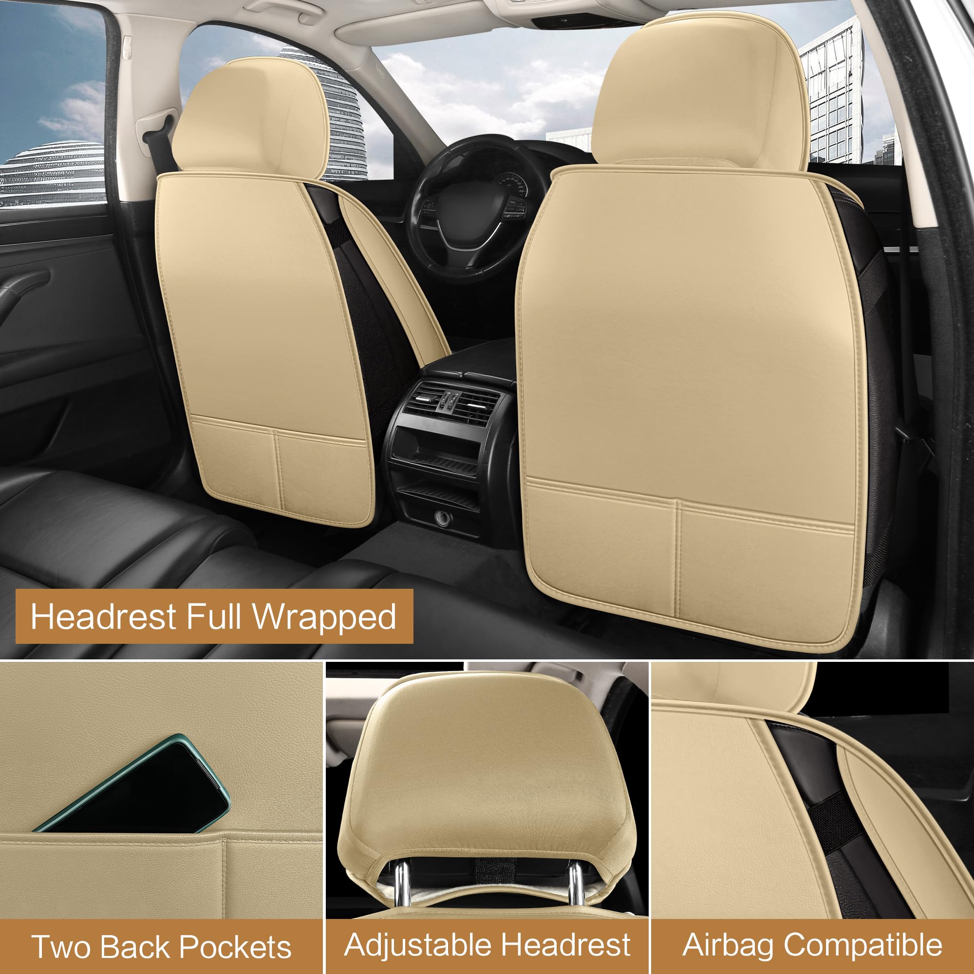 Premium Waterproof Faux Leather Car Seat Covers Front Pair - Breathable Non-Slip Universal Fit for Most Sedans, Trucks & SUVs | Perfect for Daily Commute, Road Trips & Family Travel (Beige)
