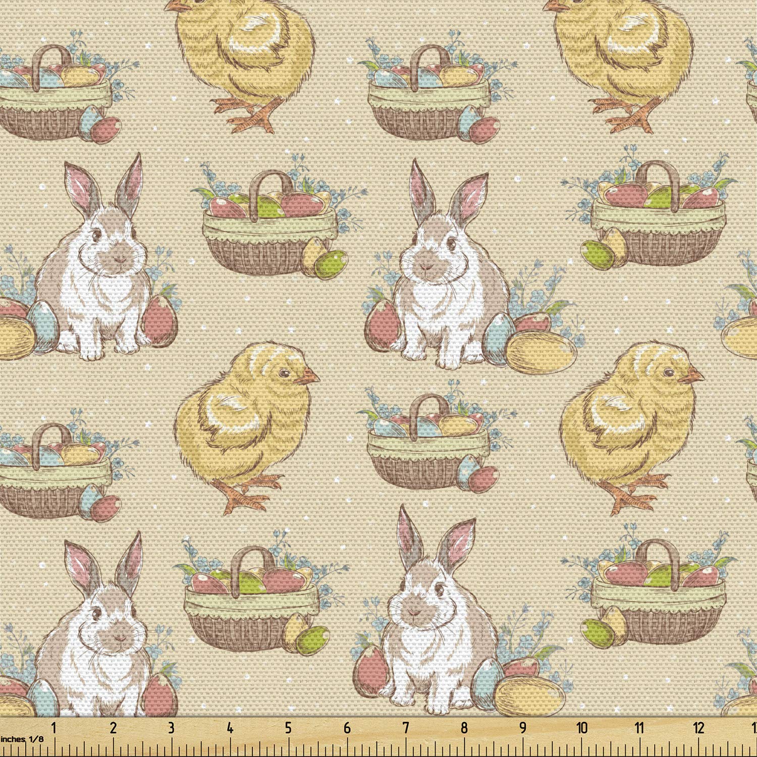 Ambesonne Easter Fabric by The Yard - Vintage Hand-Drawn Chicken Rabbit & Egg Basket Pattern - 10 Yards Multicolor Decorative Fabric for Upholstery, Home Decor, DIY Crafts, Table Runners & Easter Party Decorations