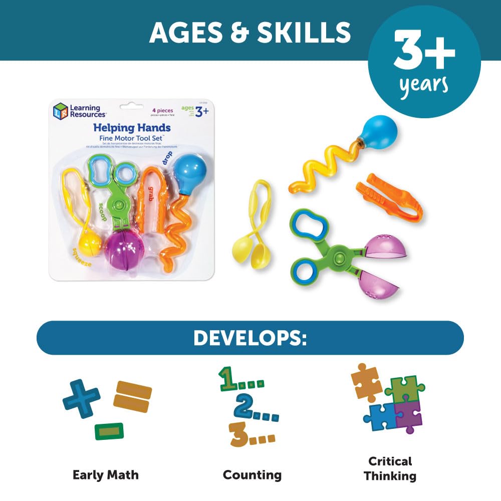 Learning Resources Helping Hands Fine Motor Tool Set - 4 Piece Toddler Tweezers & Sensory Bin Toys for Kids Ages 3+, Perfect for Preschool Learning & Occupational Therapy Activities