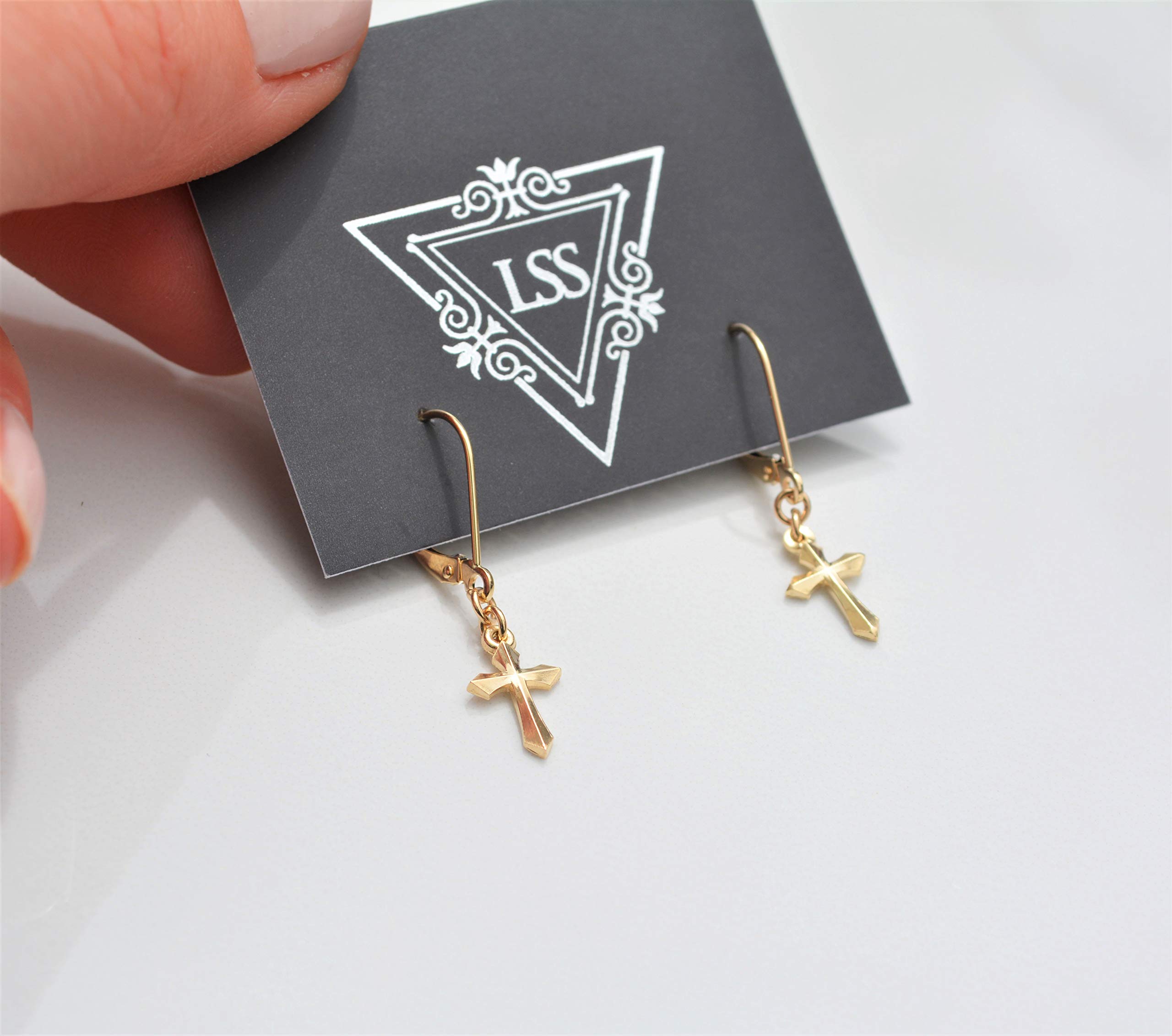 14K Gold Small Dangle Cross Earrings for Men & Women – Handmade in USA – Solid 14K Yellow Gold Pair (2 Earrings) – Perfect for Everyday Wear, Gifts & Religious Occasions