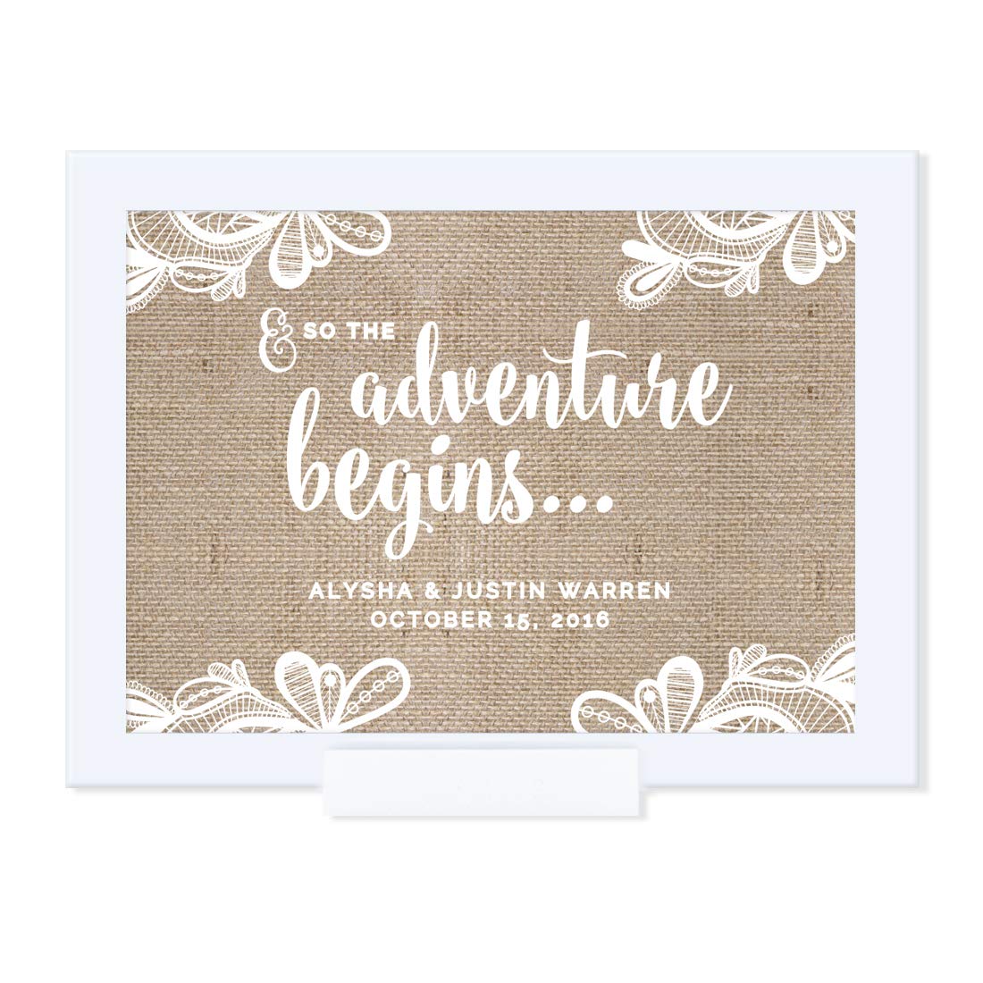 Personalized Wedding Framed Party Sign - 5x7 Inch Burlap Lace Printed Cardstock - Custom Name - 'And So The Adventure Begins' - Includes Frame - Perfect for Wedding Decor, Bridal Shower, Anniversary & Newlywed Home Decor