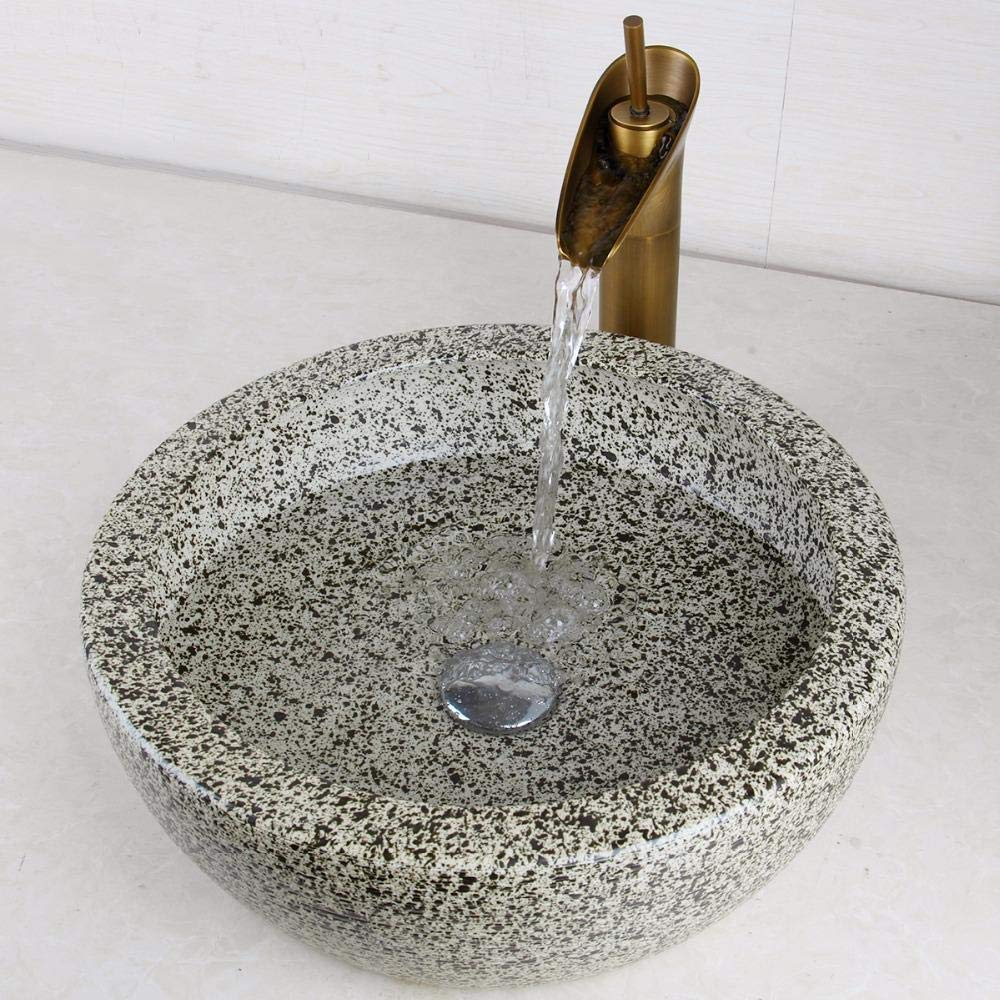 Luxury Hand-Painted Ceramic Vessel Sink with Waterfall Faucet - Modern Bathroom Basin for Vanity & Powder Room - Includes Drain Set & Taps - Perfect for Spa, Master Bath & Guest Bathroom Decor