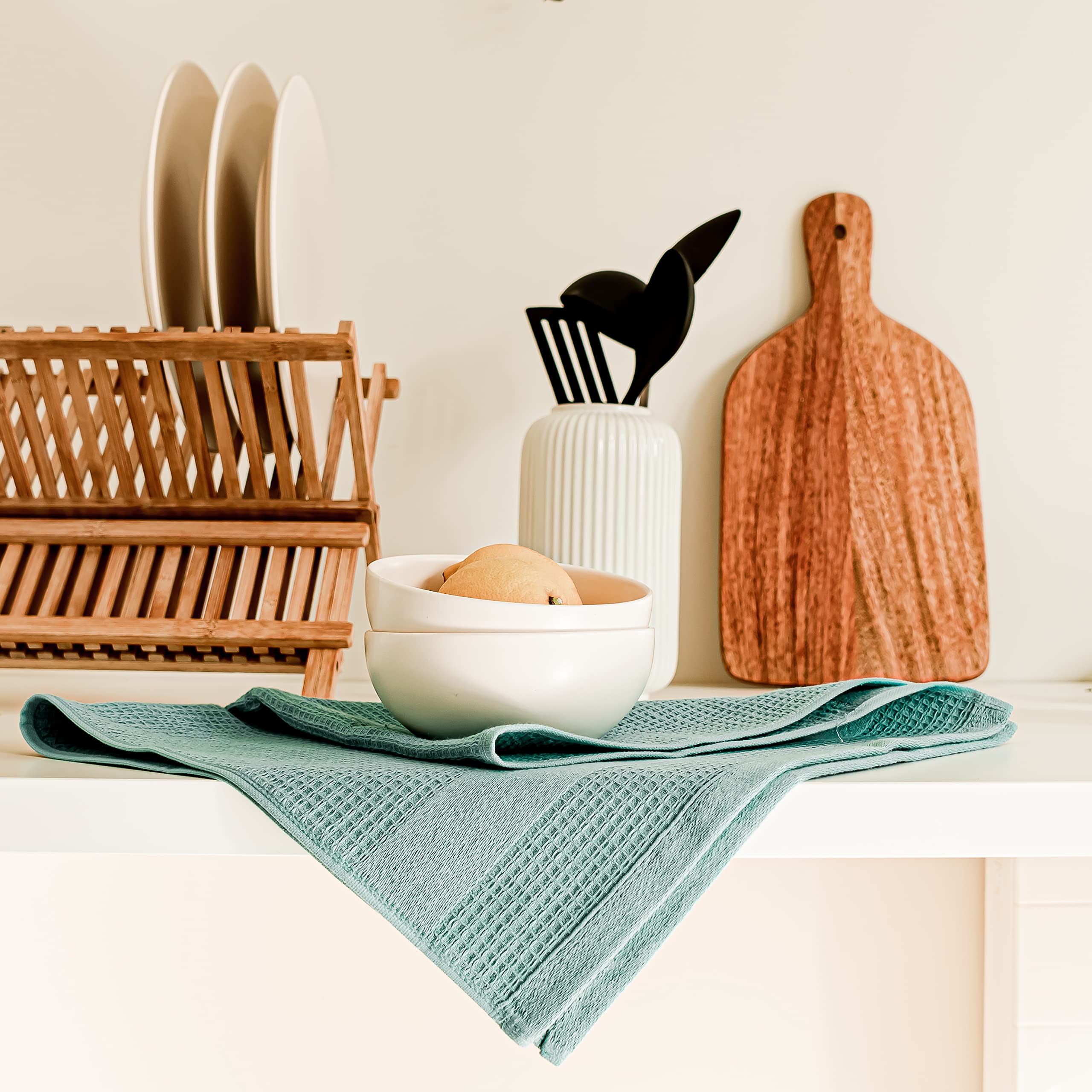 Premium Turquoise Dish Towels Set of 3 - Ultra Absorbent Waffle Weave Turkish Cotton Kitchen Towels in Aqua Teal - Perfect for Drying Dishes, Cleaning Countertops & Adding Stylish Decor to Your Kitchen