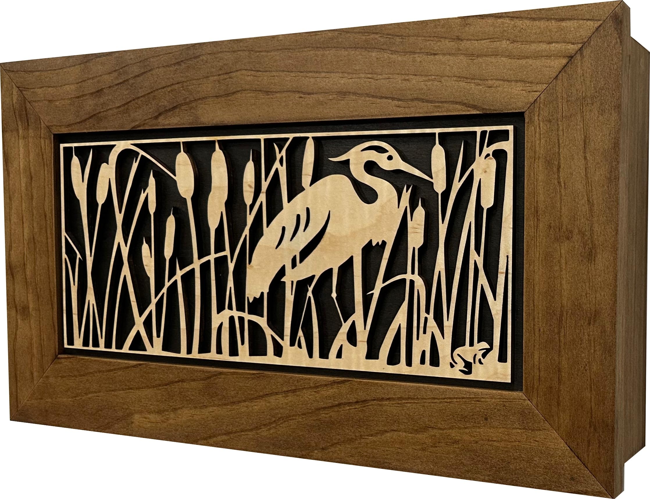 Hidden Gun Storage Cabinet with Heron in Cattails - Wall Mounted Concealed Gun Safe for Secure Firearm Storage by Bellewood Designs | Perfect for Home, Office & Cabin Security