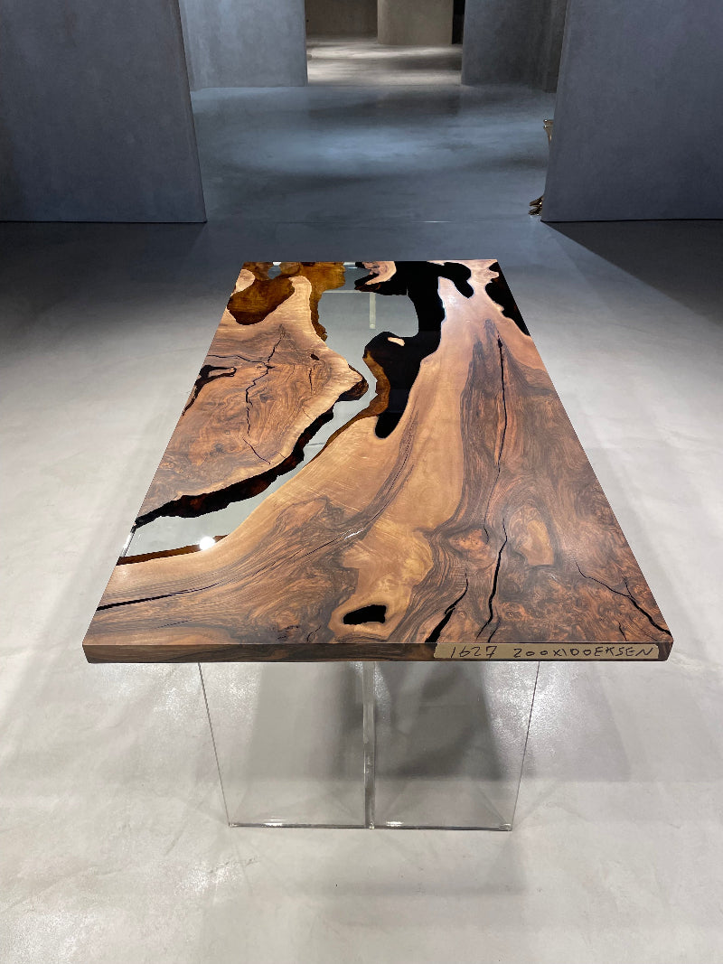 Voronoi Resin Walnut River Dining Table - Modern Wood & Epoxy Live Edge Table for Dining Room, Kitchen, Office - Unique Handmade Home Decor & Furniture