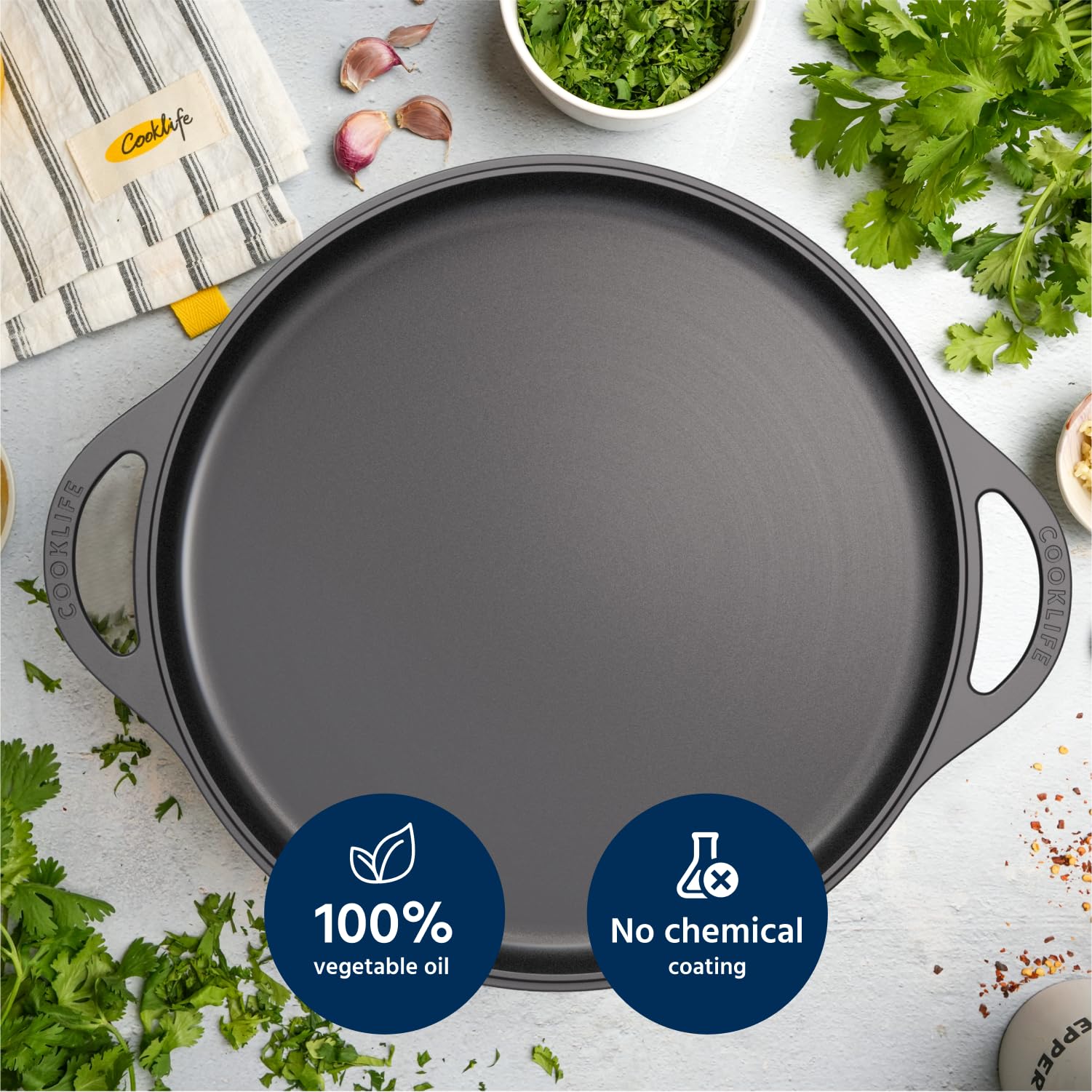 12 Inch Pre-Seasoned Cast Iron Griddle - Smooth & Light Round Pizza Pan for Oven, Stove, Grill & Campfire - Easy to Clean Black Cast Iron Skillet - Perfect for Baking, Grilling, Camping & Outdoor Cooking