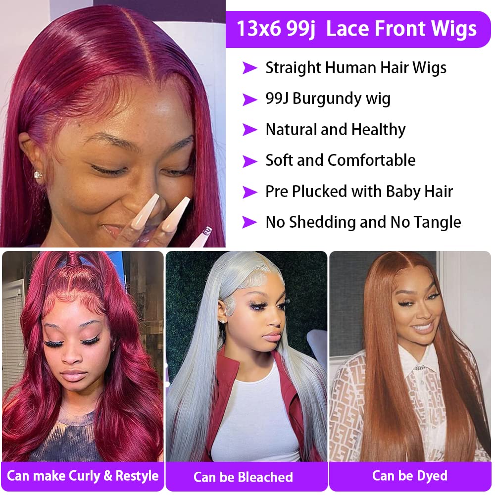CHEETAHBEAUTY 99j Burgundy 28Inch Lace Front Wig - 13x6 Brazilian Virgin Straight Human Hair Wig for Women (220% Density, Pre-Plucked with Baby Hair) | Perfect for Cosplay, Daily Wear & Special Occasions