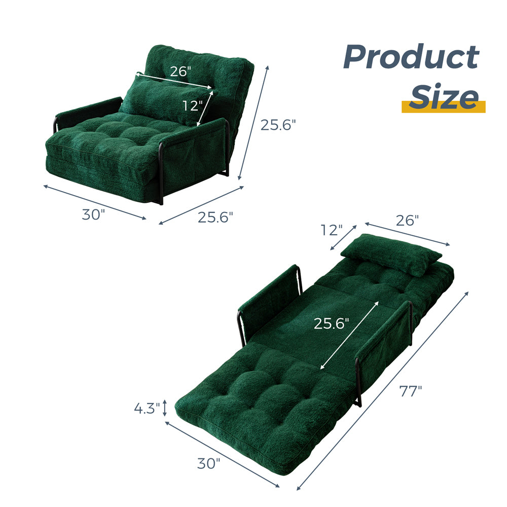 MAXYOYO Adjustable Floor Sofa Couch with Pillow - Boucle Convertible Lazy Sofa Sleeper Bed with Armrest, Single Seat Green - Perfect for Small Spaces, Living Room Lounging & Guest Bed