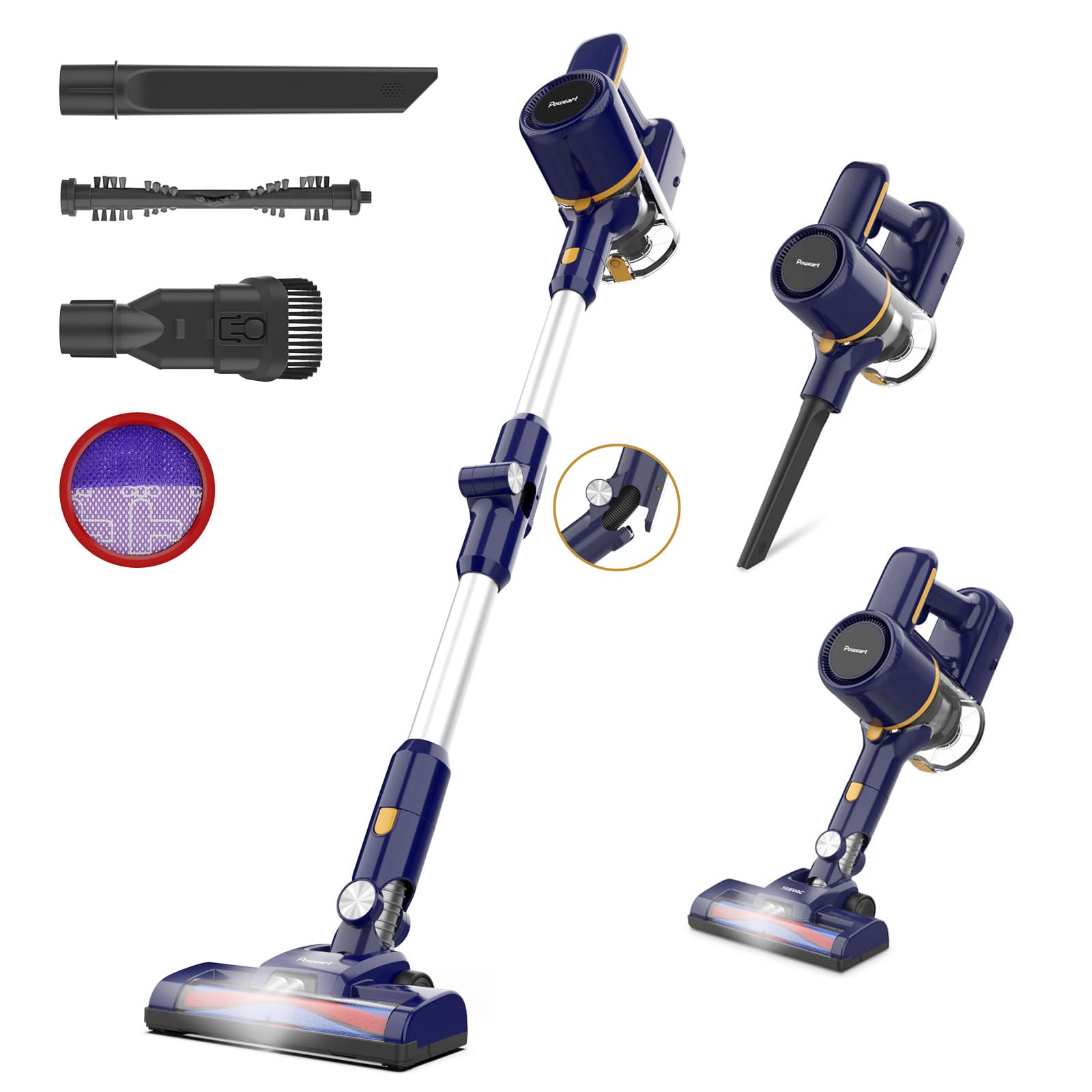 POWEART Cordless Stick Vacuum Cleaner - 6-in-1 Lightweight Rechargeable Vacuum with LED Floor Brush | Powerful Suction for Pet Hair & Home Cleaning | Perfect for Hardwood Floors, Carpets & Stairs