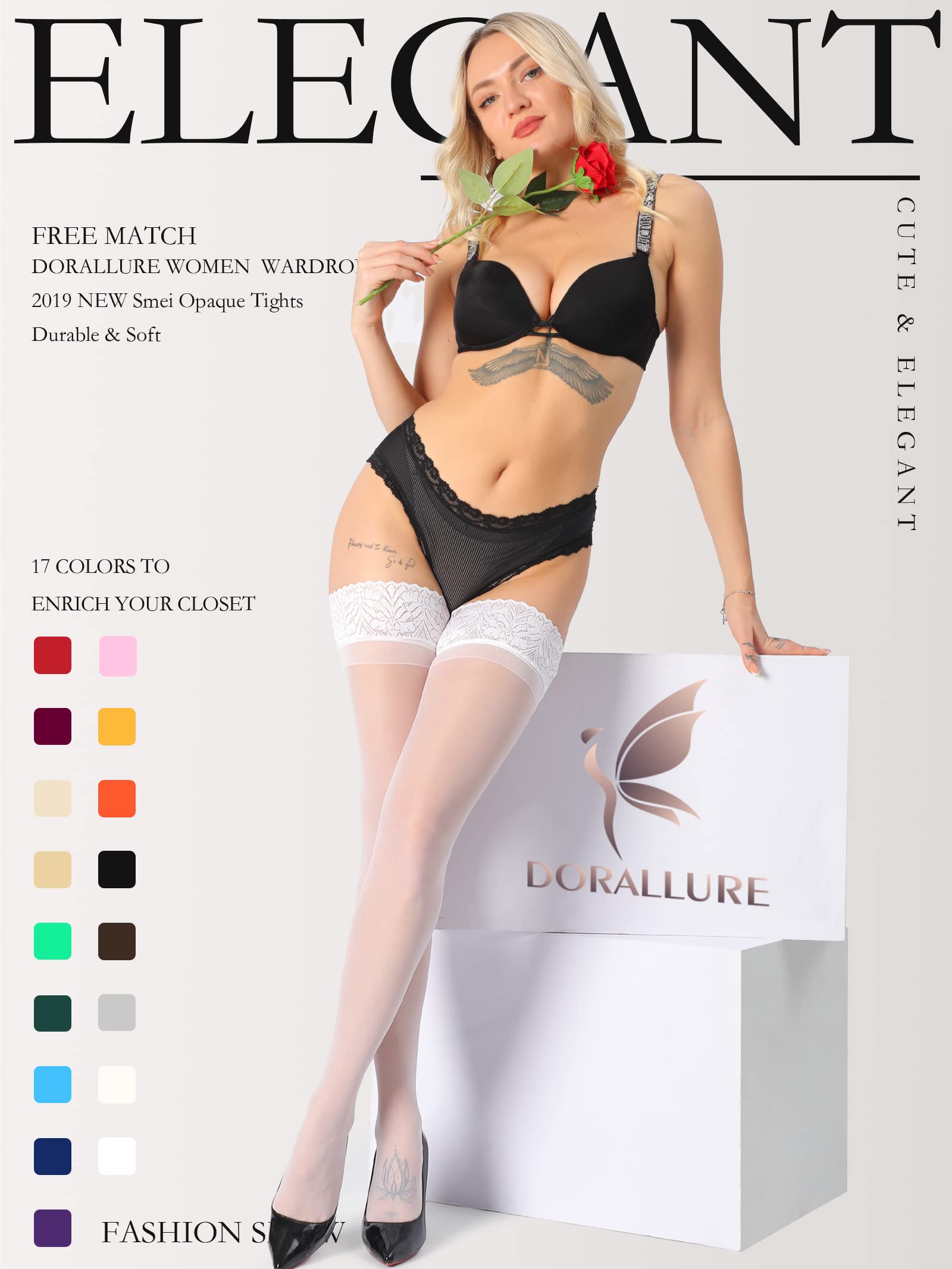 DORALLURE Women's Thigh High Stockings - Silicone Lace Top Stay Up, Silky Semi-Sheer Pantyhose, Nylon Hold Up Stockings for Everyday Wear & Special Occasions