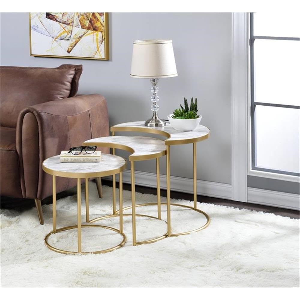 Acme Anpay 3-Piece Nesting Coffee Tables Set - Faux Marble Top with Gold Metal Frame | Modern Side End Tables for Living Room, Bedroom & Office Decor