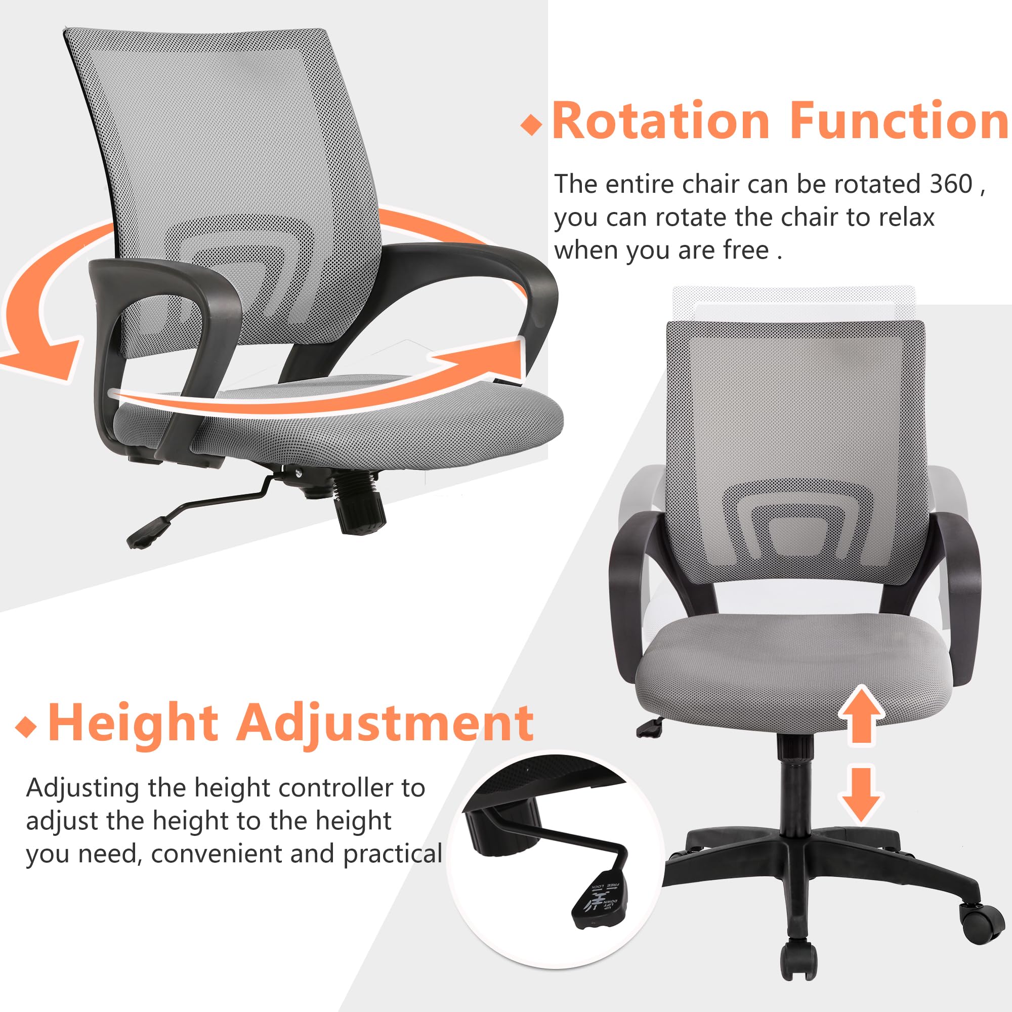 Ergonomic Mesh Office Chair with Adjustable Lumbar Support & 360 Swivel - High Density Breathable Computer Desk Chair for Home & Executive Use - Perfect for Long Hours of Work & Gaming (Set of 2, Gray)