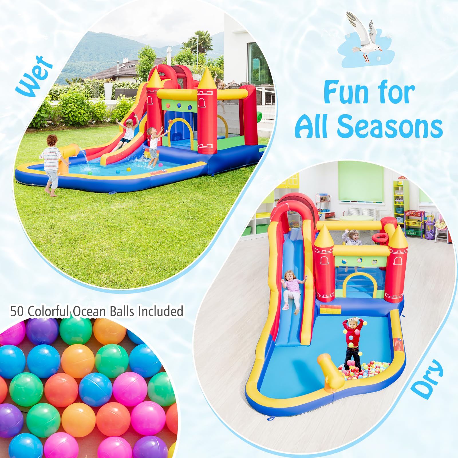 **HONEY JOY 9-in-1 Inflatable Water Slide & Bounce House Combo with Splash Pool, Long Slide, and Ball Pit (Includes 50 Balls) - Fun Backyard Water Park for Kids & Adults (Blower Not Included) - Perfect for Summer Parties, Birthdays, and Outdoor Family Fun**