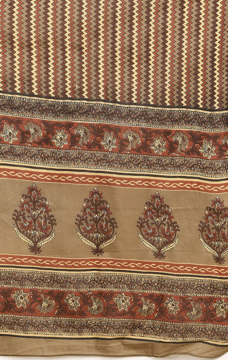 Taupe Pure Cotton Floral Printed Angharkha Suit Set for Women | Traditional Indian Ethnic Wear | Perfect for Festivals, Weddings & Special Occasions
