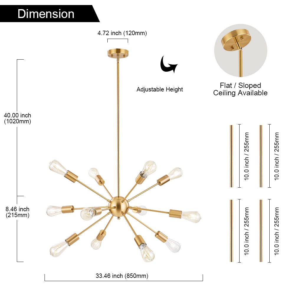 BONLICHT 12-Light Brushed Brass Sputnik Chandelier - Mid Century Modern Gold Pendant Light for Kitchen Island, Dining Room, Living Room, Bedroom & Bar | Contemporary Ceiling Hanging Fixture for Home Decor