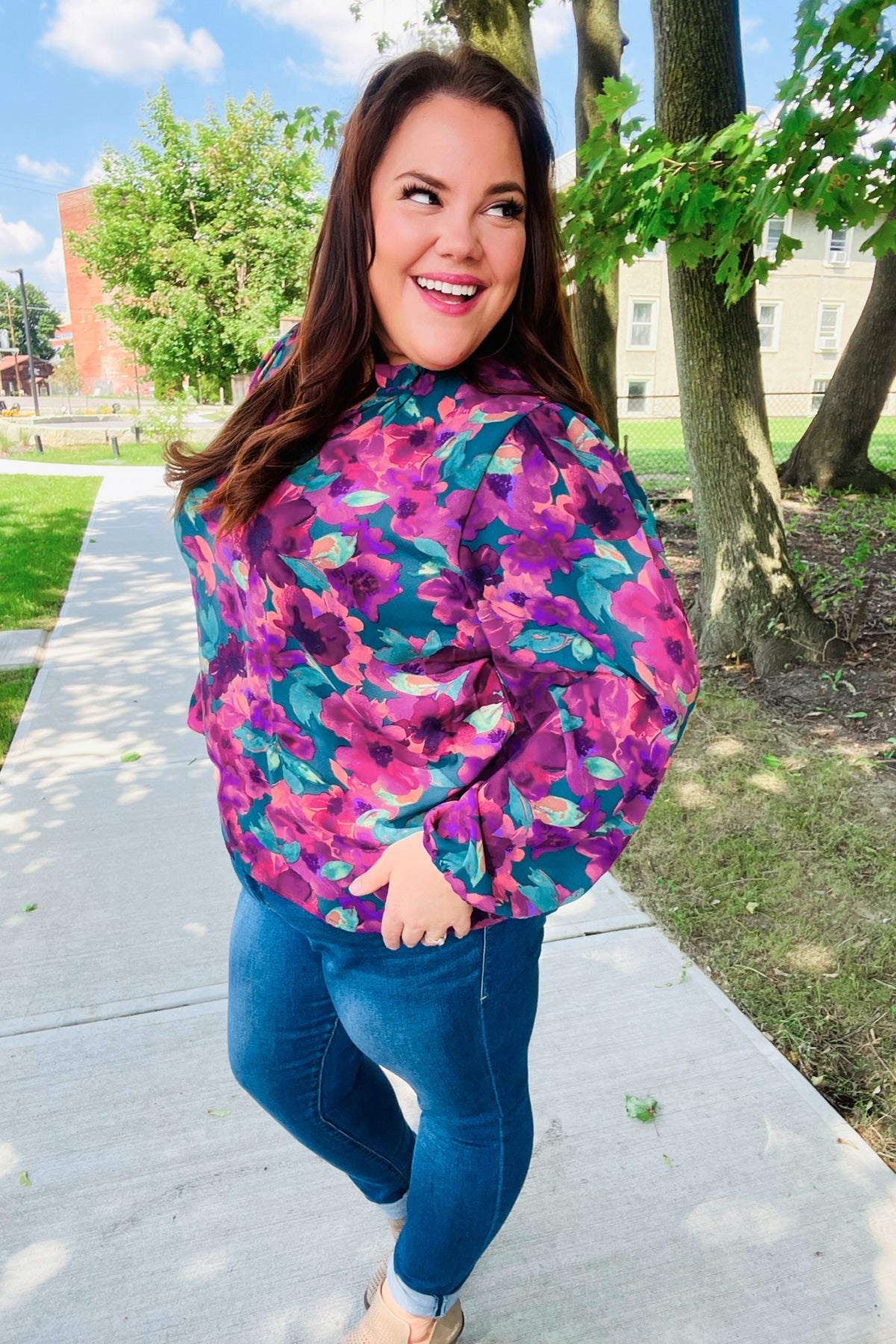 Stylish Hunter Green Watercolor Floral Print Notch Neck Blouse - Elegant Women's Tops for Casual Wear, Office Outfits & Spring Fashion