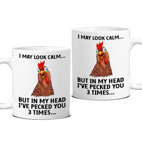 Funny Chicken Farmer Mug - 'I May Look Calm But In My Head I've Pecked You 3 Times' - 11oz & 15oz Ceramic Coffee Cup | Humorous Rooster Gift for Farmers, Poultry Lovers & Farmhouse Decor | Perfect for Morning Coffee, Farm-Themed Parties & Country Kitchen Decor (White)