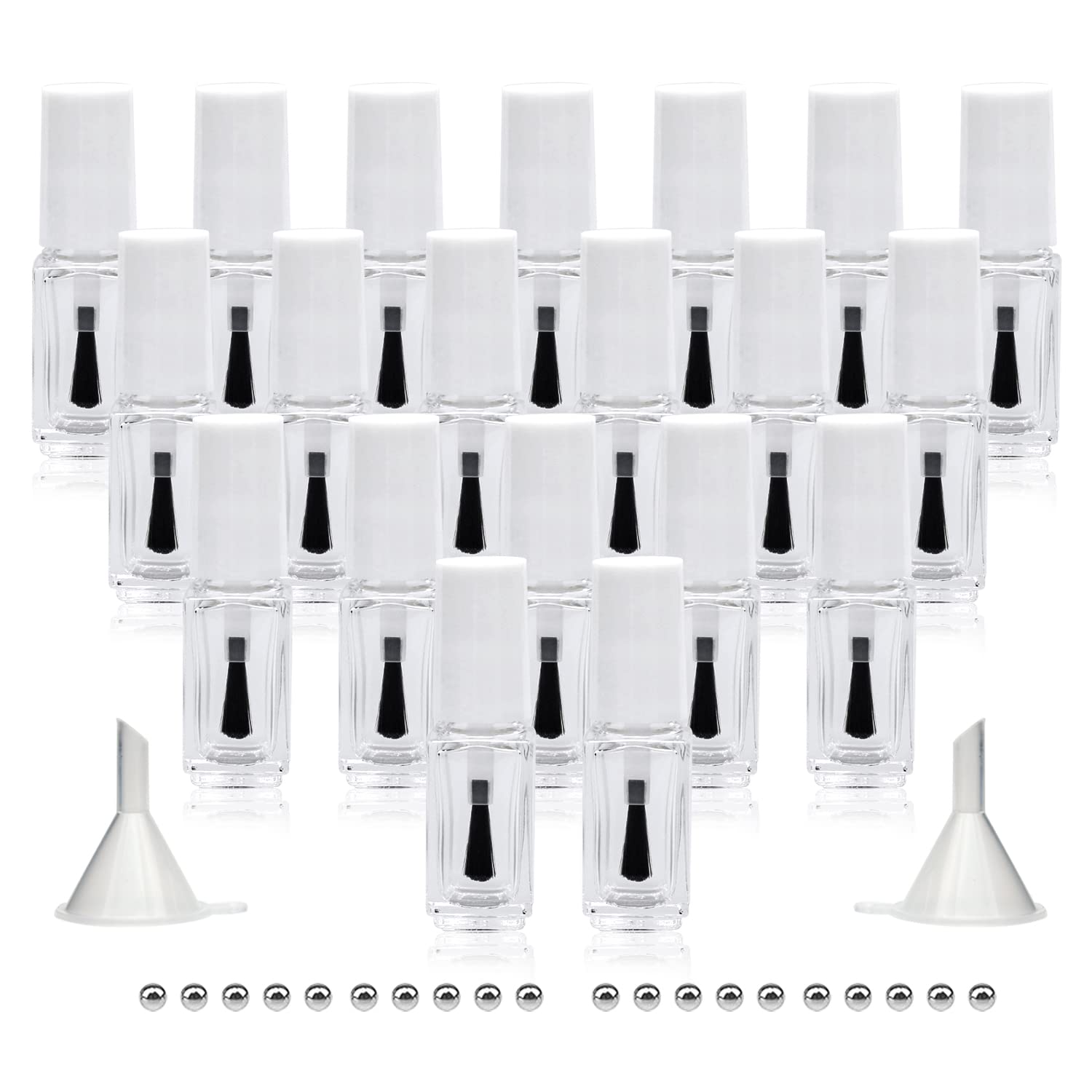 Agidea 5ML Empty Nail Polish Bottles with Round Brush - 20 Pack Refillable Glass Containers with Mixing Balls & Funnels (White) - Perfect for DIY Nail Art, Salon Use, and Nail Polish Storage
