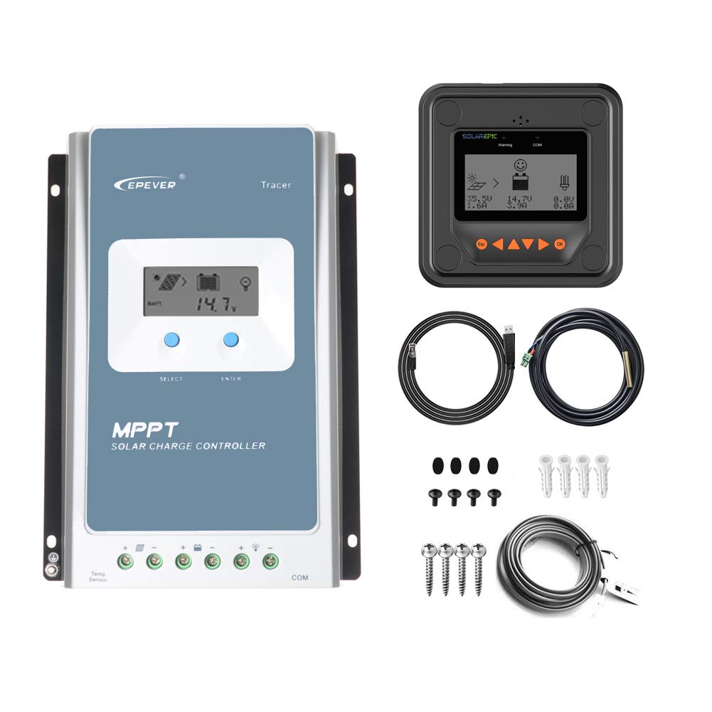 EPEVER 40A MPPT Solar Charge Controller 100V Max Input - Negative Ground LiFePo4 Battery Charger with MT50 Remote Meter & Temperature Sensor | Ideal for Off-Grid Solar Systems, RV, Marine, and Home Solar Power Applications