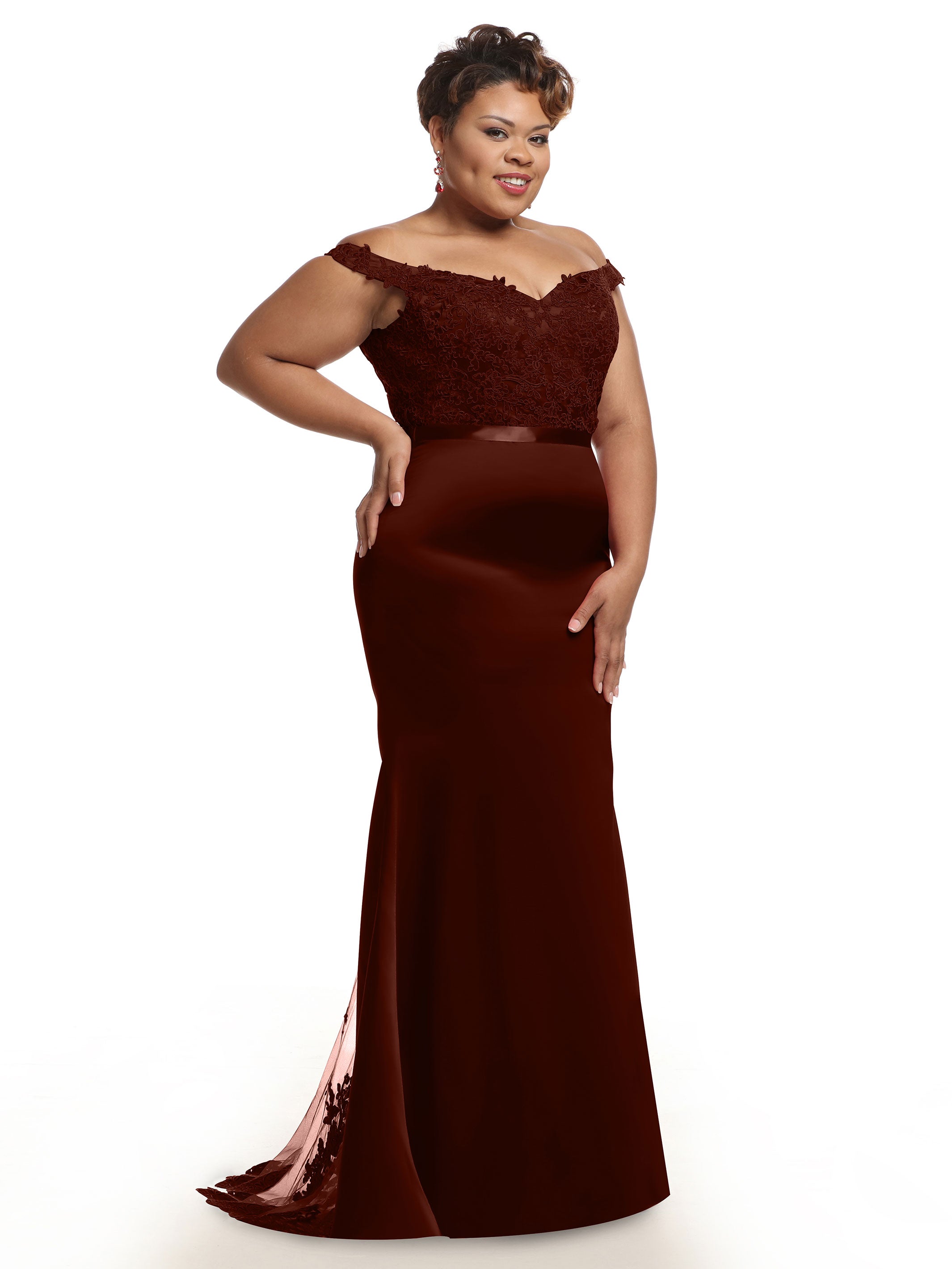 Elegant 80104 Satin Off-The-Shoulder Bridesmaid Dress with Lace Bodice & Waist Sash - Perfect for Weddings, Proms & Formal Events