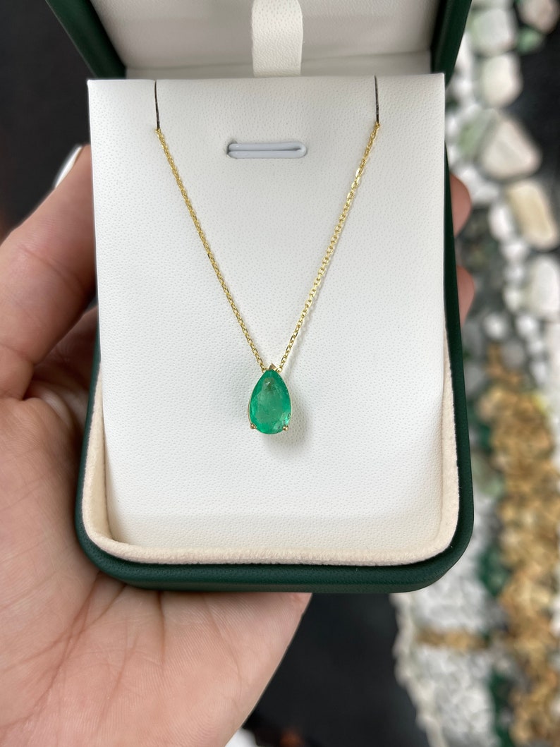 2.71 Carats 14K Gold Pear Cut Colombian Emerald Solitaire Pendant Necklace with 3-Prong Slider - Elegant Jewelry for Weddings, Anniversaries & Special Occasions