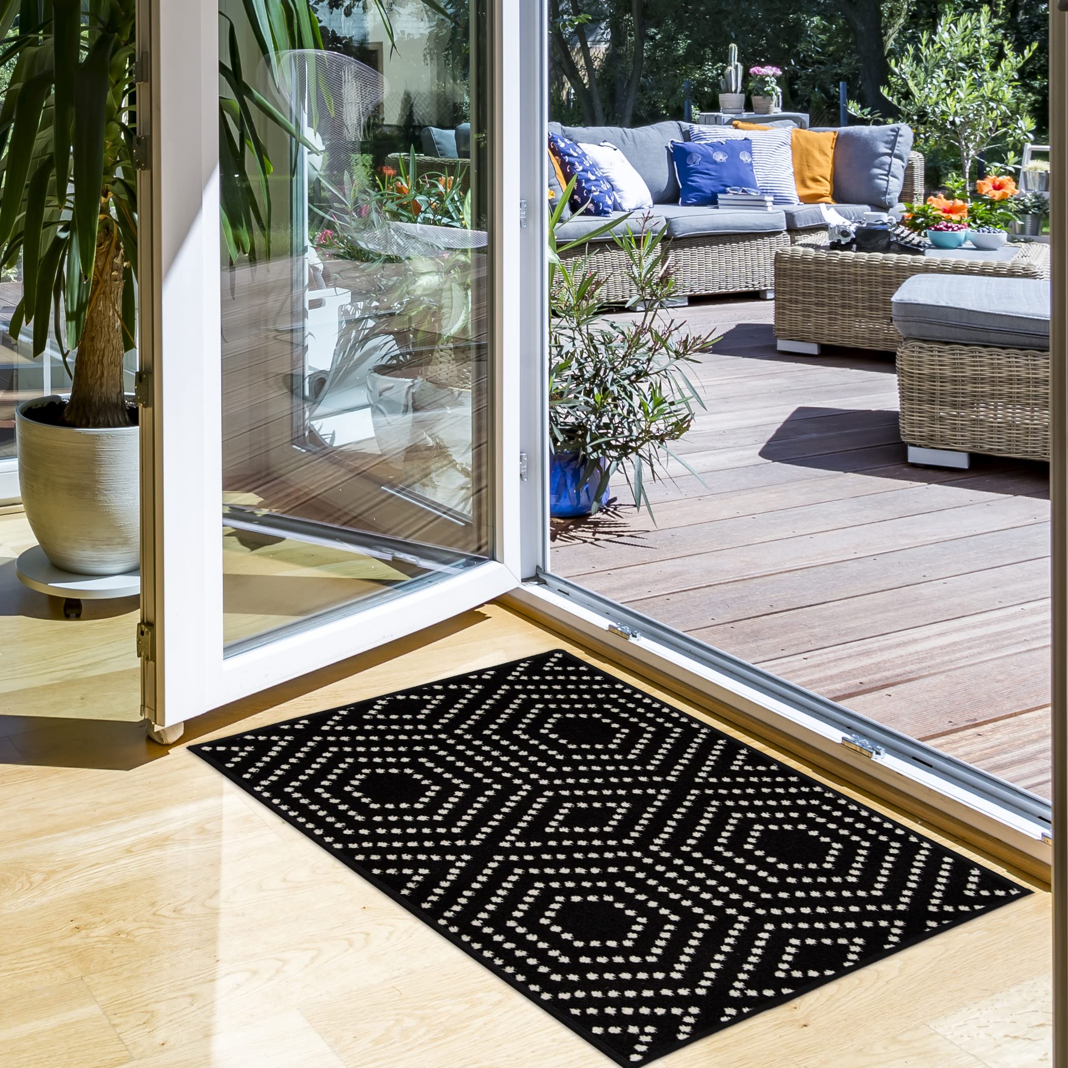 Tecopa Kaharie 2' x 3' Black Geometric Area Rug - Non-Slip Indoor Outdoor Carpet for Living Room, Bedroom, Patio & Entryway Decor