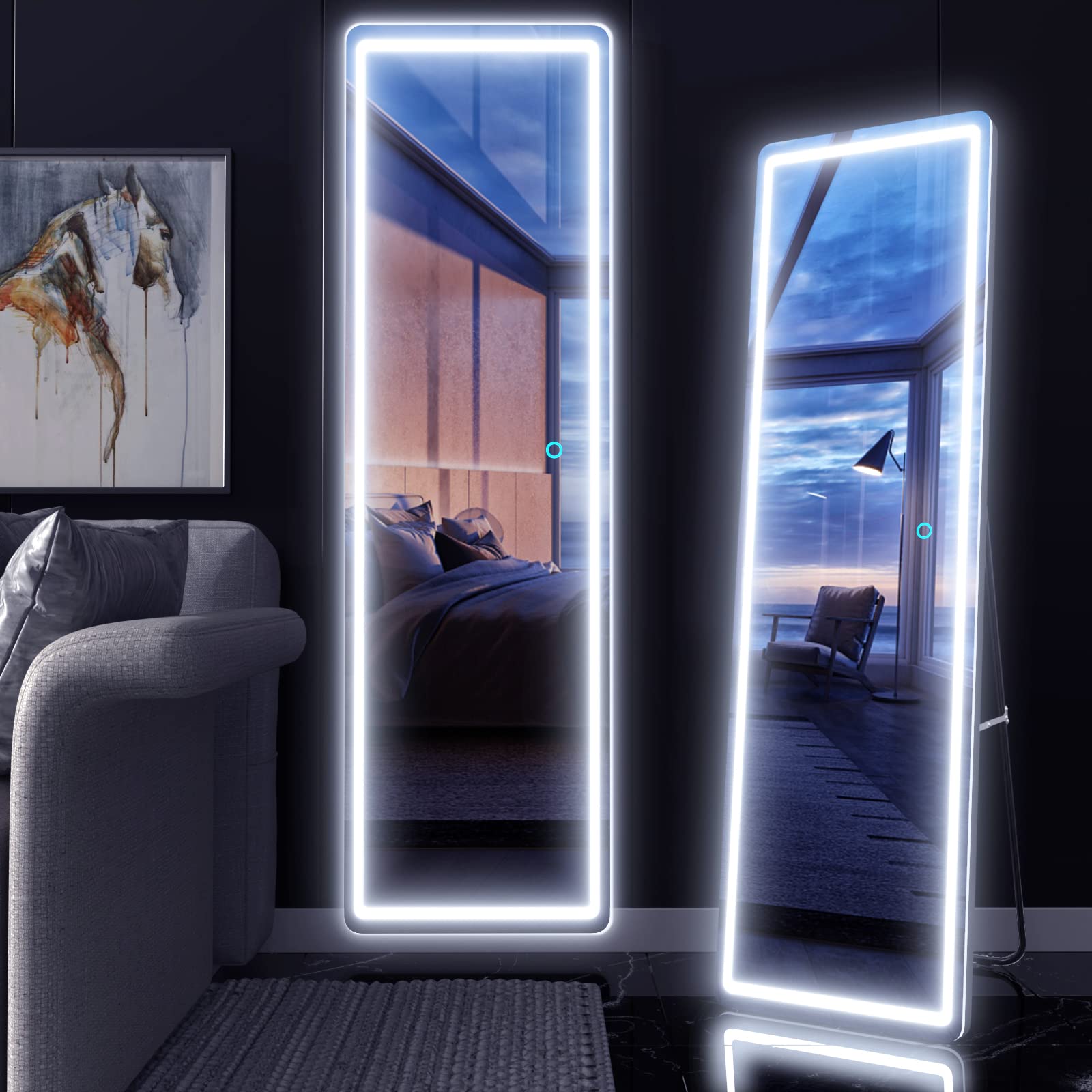 EDTEMI 63x16 Inch Full Length LED Floor Mirror with Dimming & 3 Color Modes - Wall Mounted Hanging Mirror for Bedroom, Makeup Vanity, Dressing Room - Black Full Size Body Mirror with Lights for Home Decor & Selfie Background