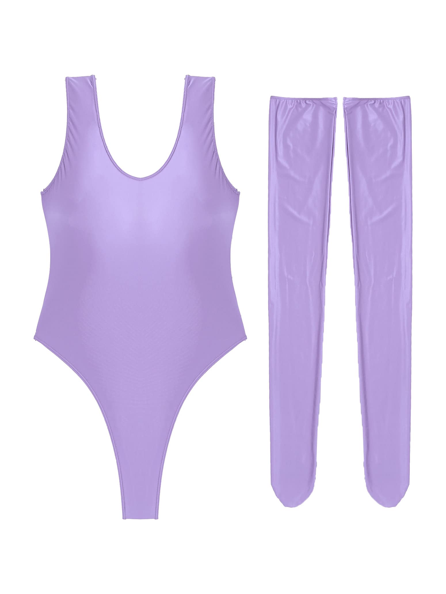 Shiny Spandex Leotard for Women - One Piece Swimsuit, High Cut Thong Workout Outfit with Stockings | Perfect for Dance, Yoga, Gym & Performance Costumes