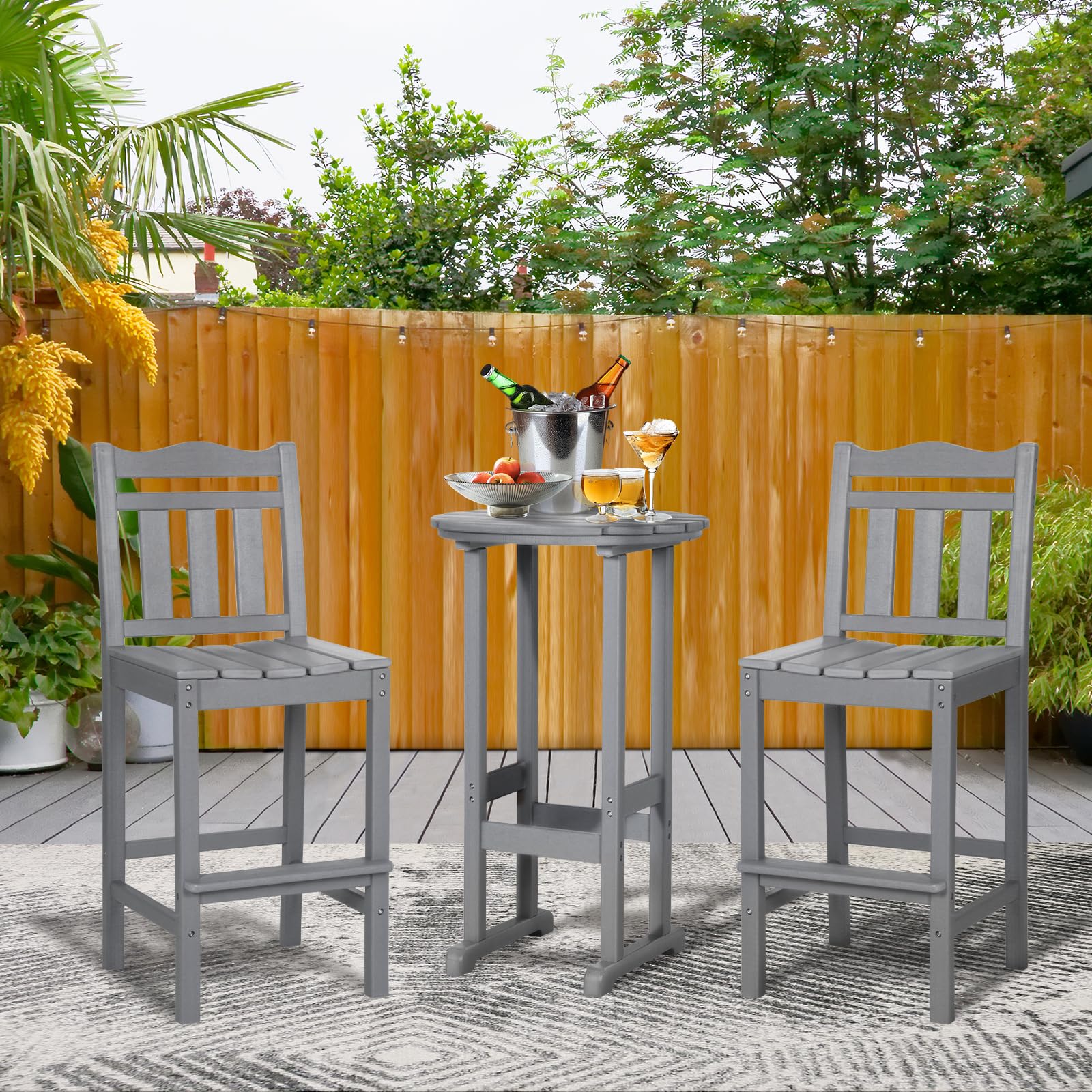 Premium HDPE Outdoor Bar Chairs and Table Set - 3-Piece Adirondack Balcony Furniture for Garden, Yard, Backyard (Grey) - Perfect for Patio Lounging, Poolside Relaxation, and Outdoor Entertaining