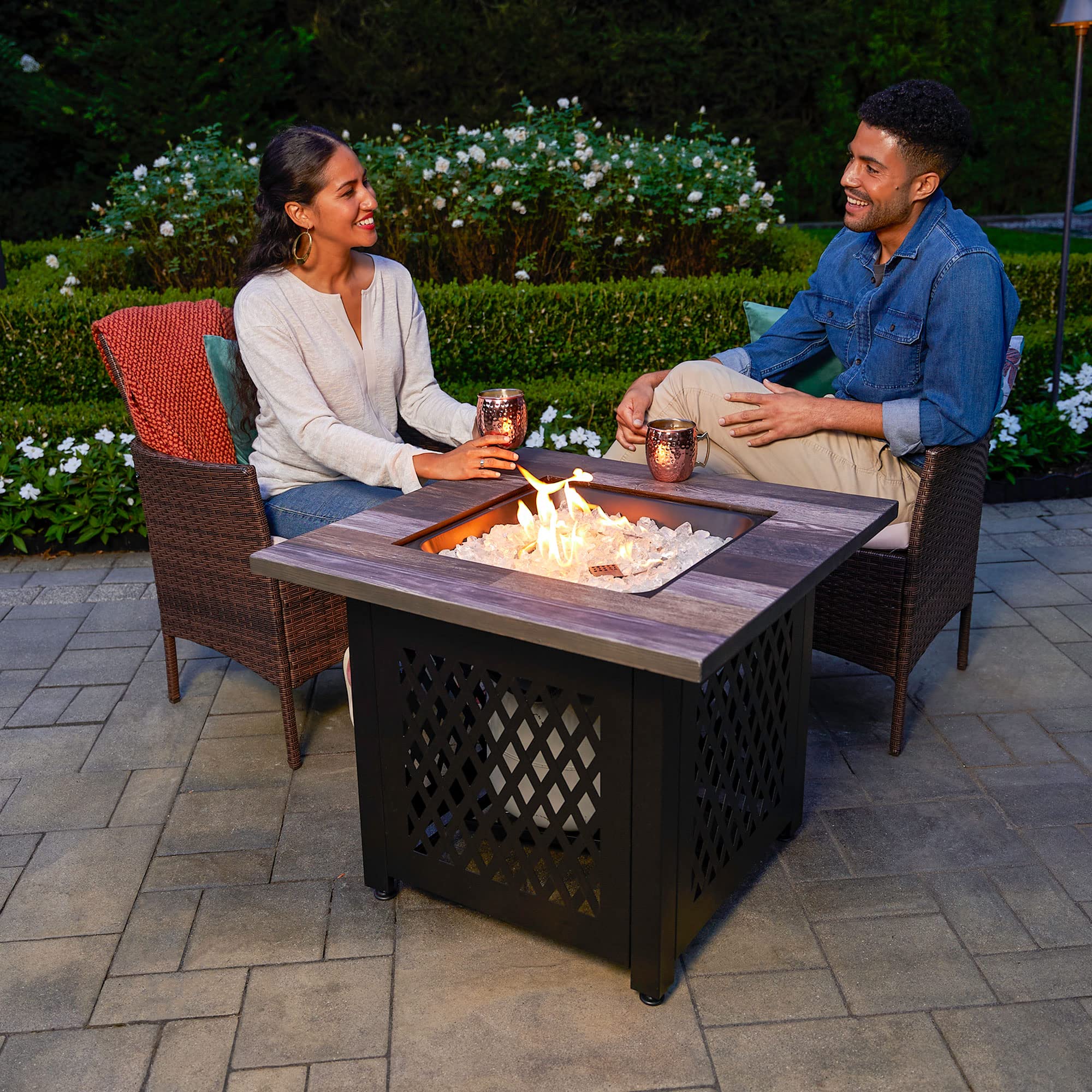 Endless Summer Nate 30 Inch Square Outdoor Fire Pit Table - 50,000 BTU LP Gas, UV Printed, Faux Wood Mantel & Stamped Steel Base - Multicolor - Perfect for Patio, Backyard, and Outdoor Gatherings