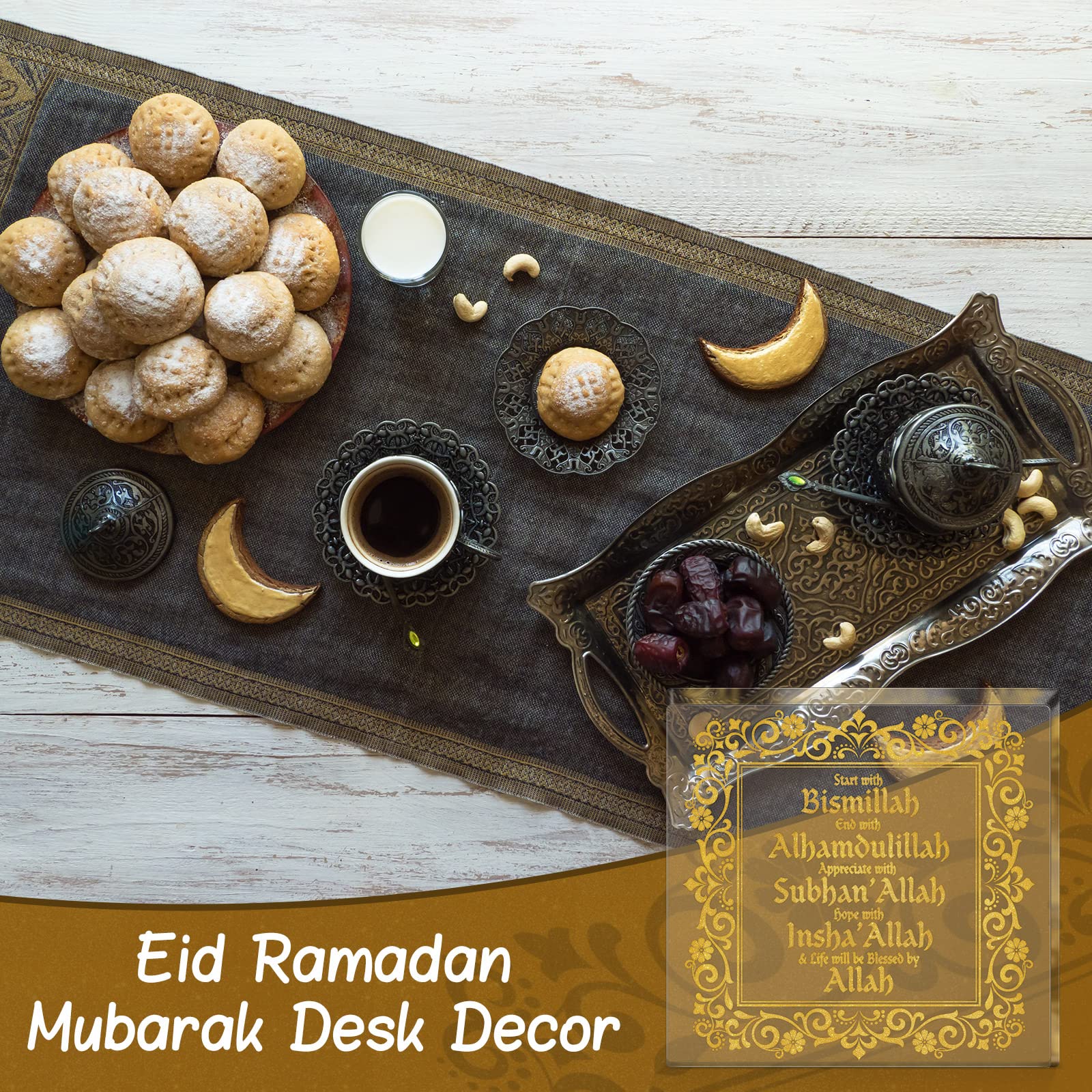 Yookeer Islamic Acrylic Eid Ramadan Mubarak Decor - Arabic Allah Table Sign for Ramadan, Eid, Birthday Gifts - Gold Desktop Ornament for Home, Office & Islamic Celebrations