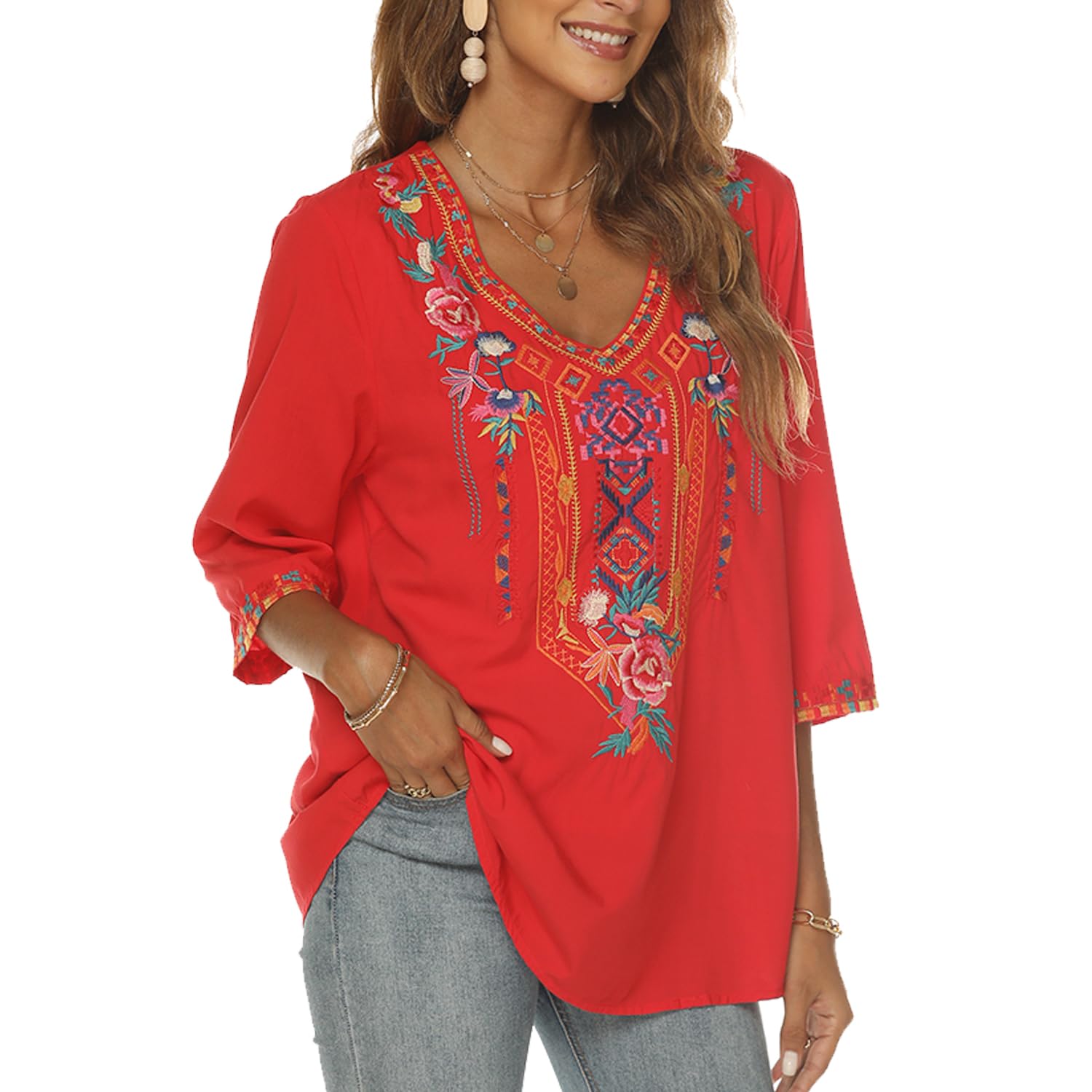 Higustar Women's Mexican Embroidered Bohemian Blouse - 3/4 Sleeve Peasant Top, Boho Tunic Shirt, Hippie Style Fiesta Clothing for Casual Wear, Music Festivals & Beach Vacations