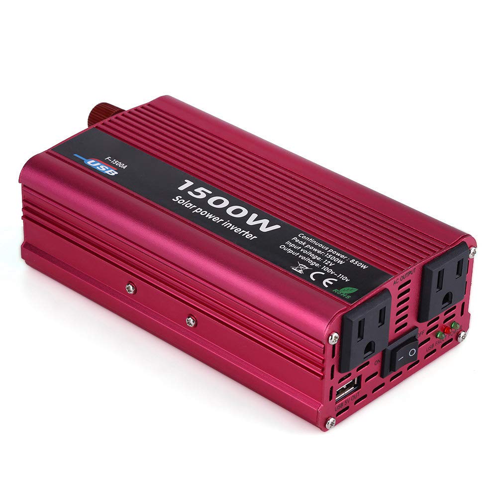 Yosoo 1500W Power Inverter DC 12V to AC 110V with Cigarette Lighter Plug & Battery Clips - Portable Car Power Converter for Laptops, CPAP Machines, Small Appliances (Red)
