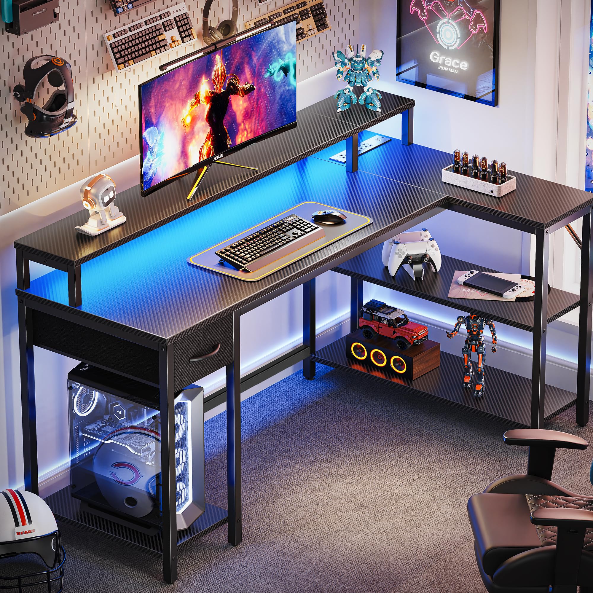 SUPERJARE 53 inch Reversible L-Shaped Desk with LED Lights & Power Outlets - Home Office Computer Desk with Shelves, Monitor Stand & Drawer - Gaming Desk for Small Spaces - Carbon Fiber Black Corner Workstation for PC Setup & Remote Work