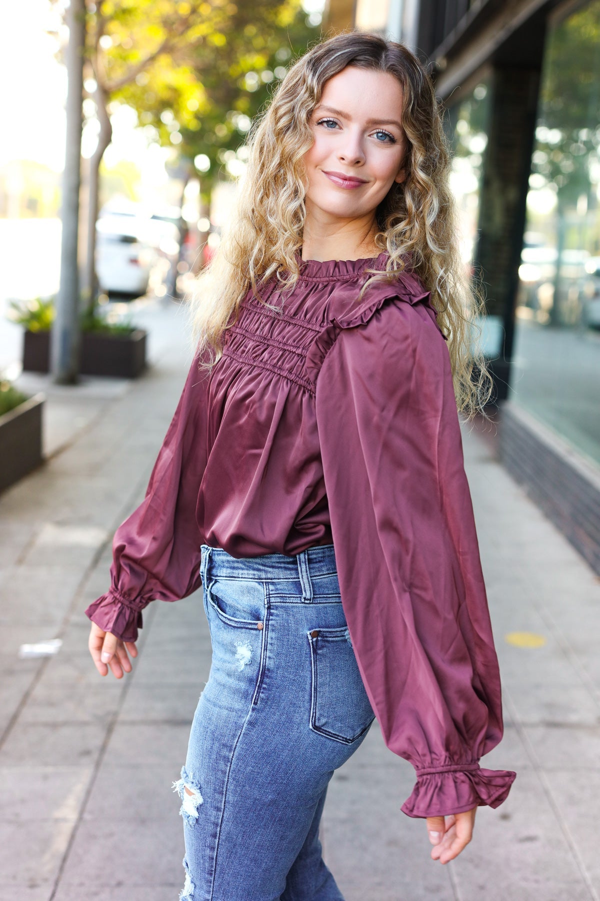 Stylish Wine Satin Shirred Yoke Frilled Mock Neck Top for Women | Elegant Blouse for Date Night, Parties & Special Occasions