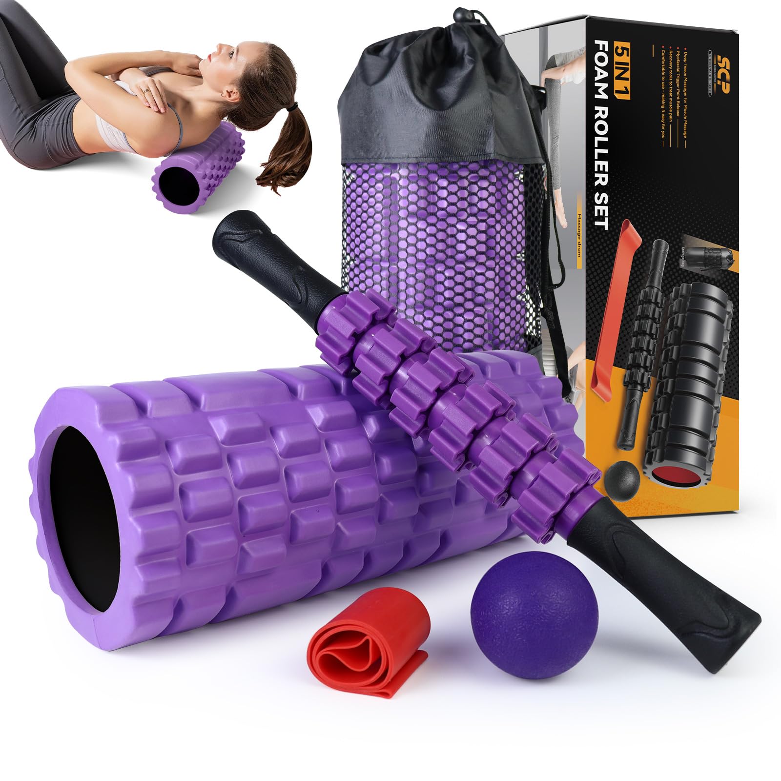 5-in-1 Foam Roller Set for Deep Tissue Massage & Muscle Recovery - Trigger Point Therapy, Exercise Foam Roller, Massage Ball & Stretching Strap - Full Body Workout & Pain Relief (Purple) - Perfect for Gym, Yoga, Physical Therapy & Home Fitness